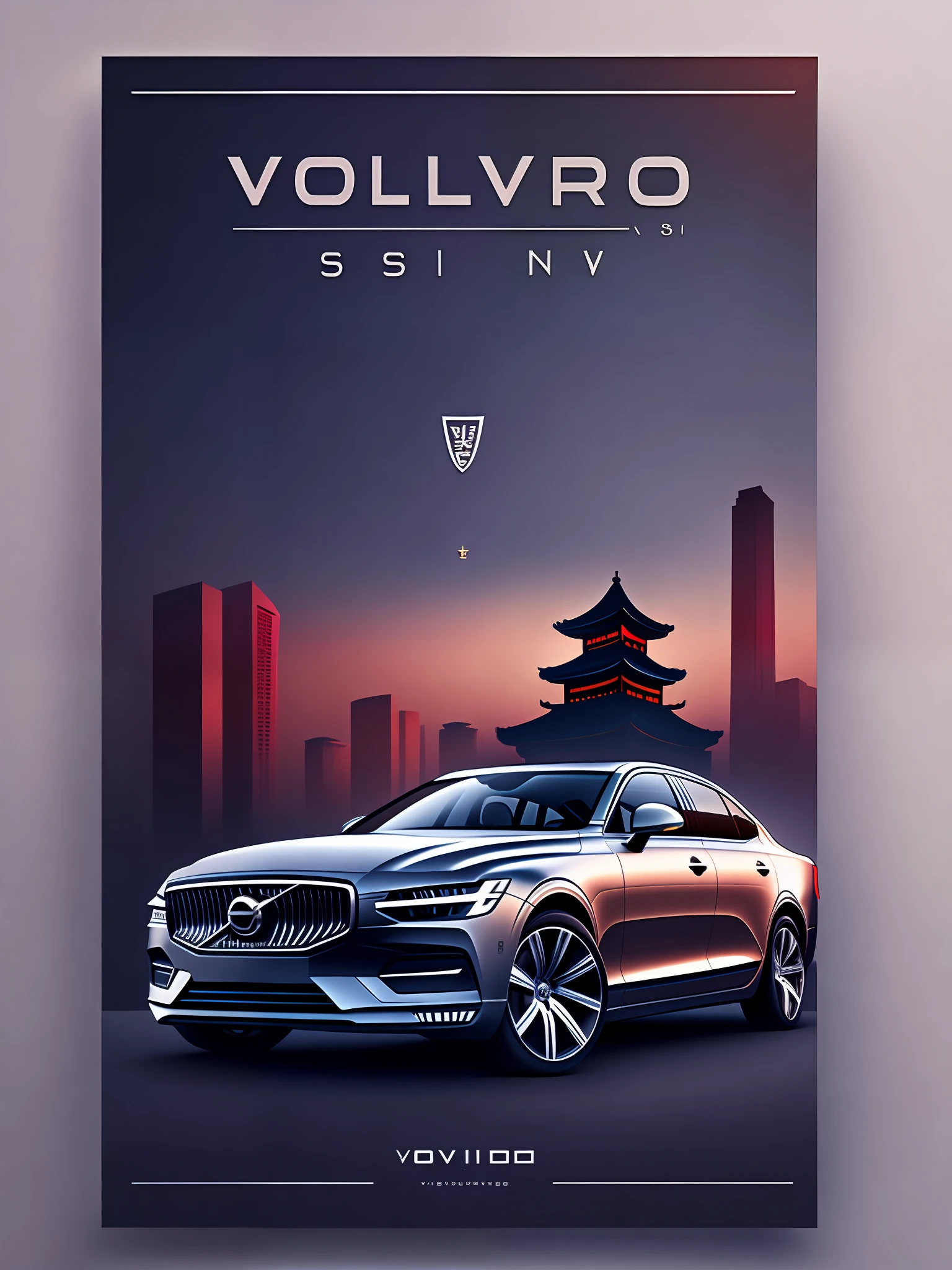 Volvo sedan S90，45 degrees，Xi'an clock tower background，designs，Poster design ，T-shirt design，rzminjourney，vectorial art，Plus word design，Poster design，O logo，