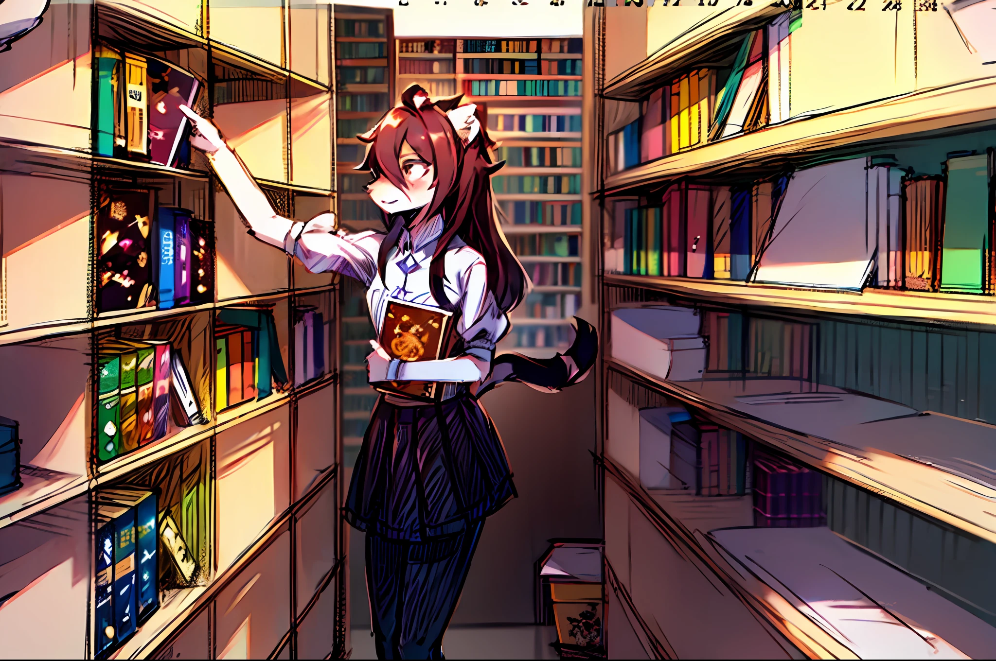 drawing of a girl in a store with a book shelf, in a library, manga drawing, comic drawing, pencil and ink manga, pencil and ink manga drawing, dusty library, comics style, an anime drawing, anime sketch, Kantai collection style, in an anime style, ink manga drawing, animepainting, anime style drawing, detailed manga style
