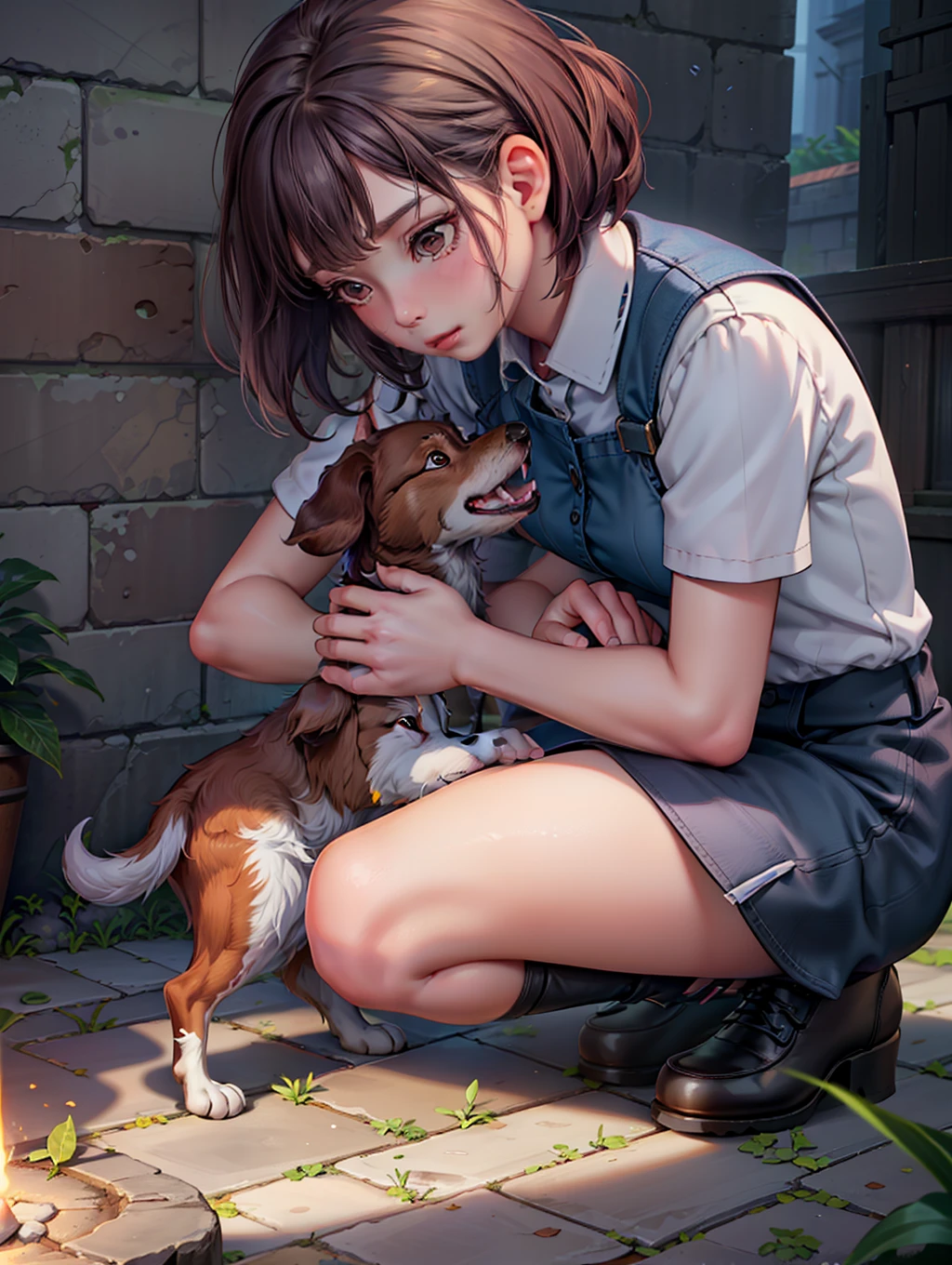 (extremely detailed CG unity 8k wallpaper,masterpiece, best quality, ultra-detailed),(best illumination, best shadow, an extremely delicate and beautiful),caring,first aid,woman and animal,bonding moment,dog's leg injury,her touch gentle,calm,empathy.