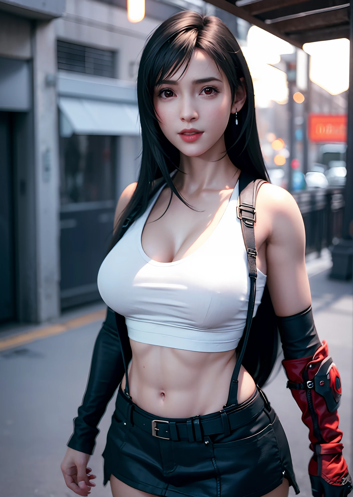 (Photorealistic: 1.4), top quality, very delicate and beautiful, high resolution, 1girl, tifa_lockhart, smile, cowboy shot, suspenders, low rise, mini skirt, tank top, tense shirt, black hair, long hair, elbow gloves, beautiful detailed red eyes, face light, movie lighting, navel, high exposure, abdomen exposure, ribs, abs, ( gigantic breasts: 1.2), dynamic poses, dynamic angles,