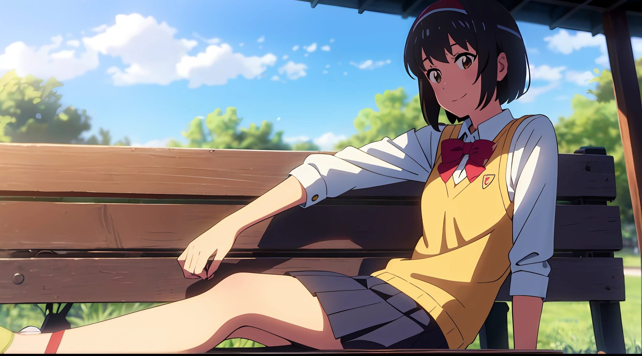 shinkai makoto, kimi no na wa., 1girl, bangs, black hair, blue sky, blush, bow, bow, brown eyes, cloud, collared shirt, headband, headband, looking at the audience, red bow, red bow, red headband, red ribbon, Ribbon, school uniform, shirt, short hair, smile, solo, sweater vest, upper body, vest, white shirt, yellow sweater vest, yellow vest, smile, happy, open mouth, sitting on a bench with her feet up, afternoon hangout, sitting down casually