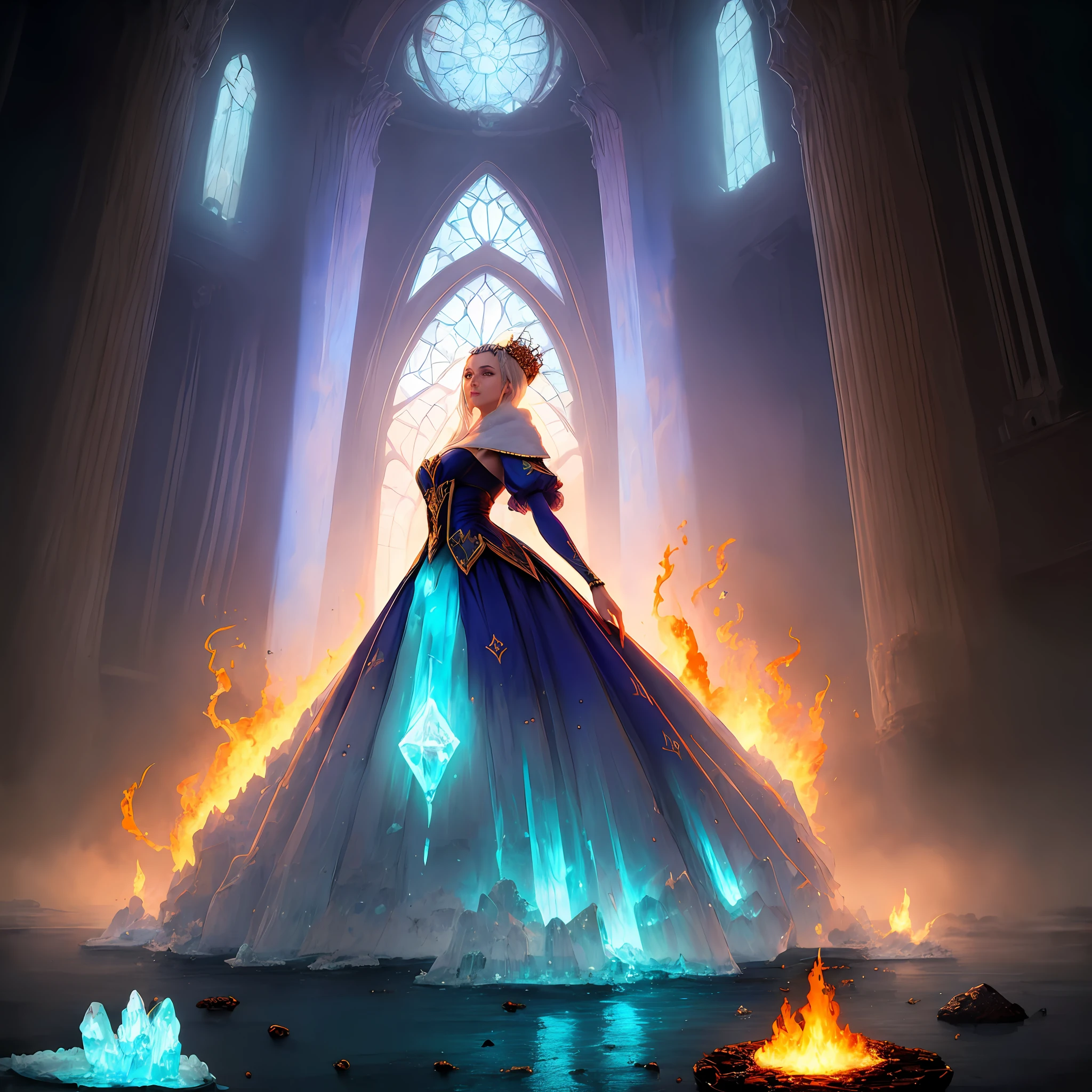 A woman in bizarre costume holding a fiery wand，Full close-up, Standing barefoot in a disc on the water，Fire in the hands，A circle of fire around the body，In the background is an alien castle made of ice，It's all made of ice structures，Layers of endless columns，Wacky ice building，Dark blue light，Spooky atmosphere，Towering spires，Mysterious flames rise everywhere，Mysterious atmosphere，Lots of oil lamps，Red flame，Art germ on ArtStation Pixiv, Goddess of Light, IG model | Art germ, anime goddess, beautiful celestial mage, white haired deity, cushart krenz key art feminine, a beautiful fantasy empress, concept arts | Art germ, Artgerm style