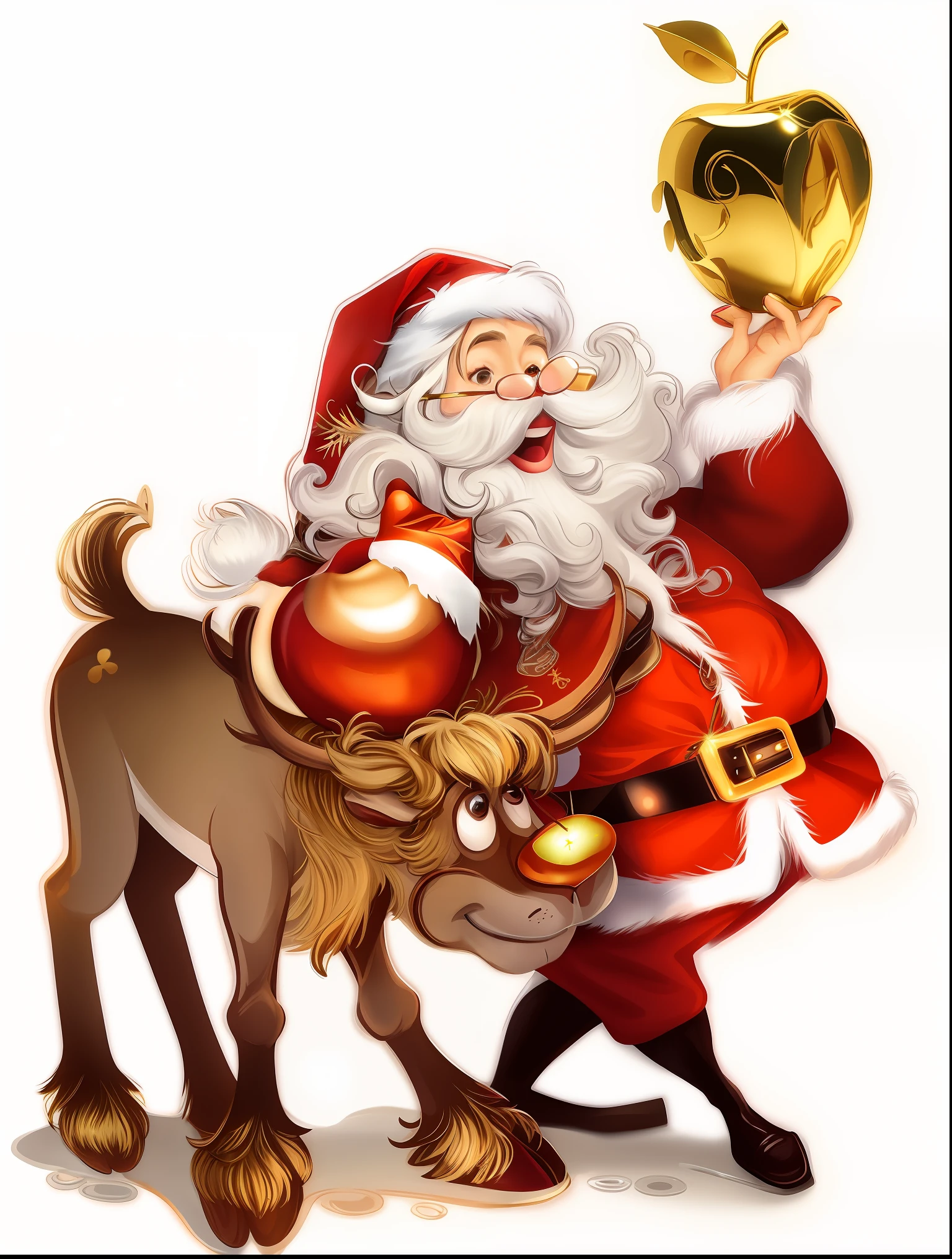 Santa Claus relies on reindeer,Holding a golden apple in his hand, santa, santa costume,Facial hair,reindeer,bucket-hat,Santa hat,mustaches,Male focus,mustaches,christmas,whitehair,独奏,white backdrop,waist belt,eye glass,deer antlers,boots,Holding a golden apple in his hand