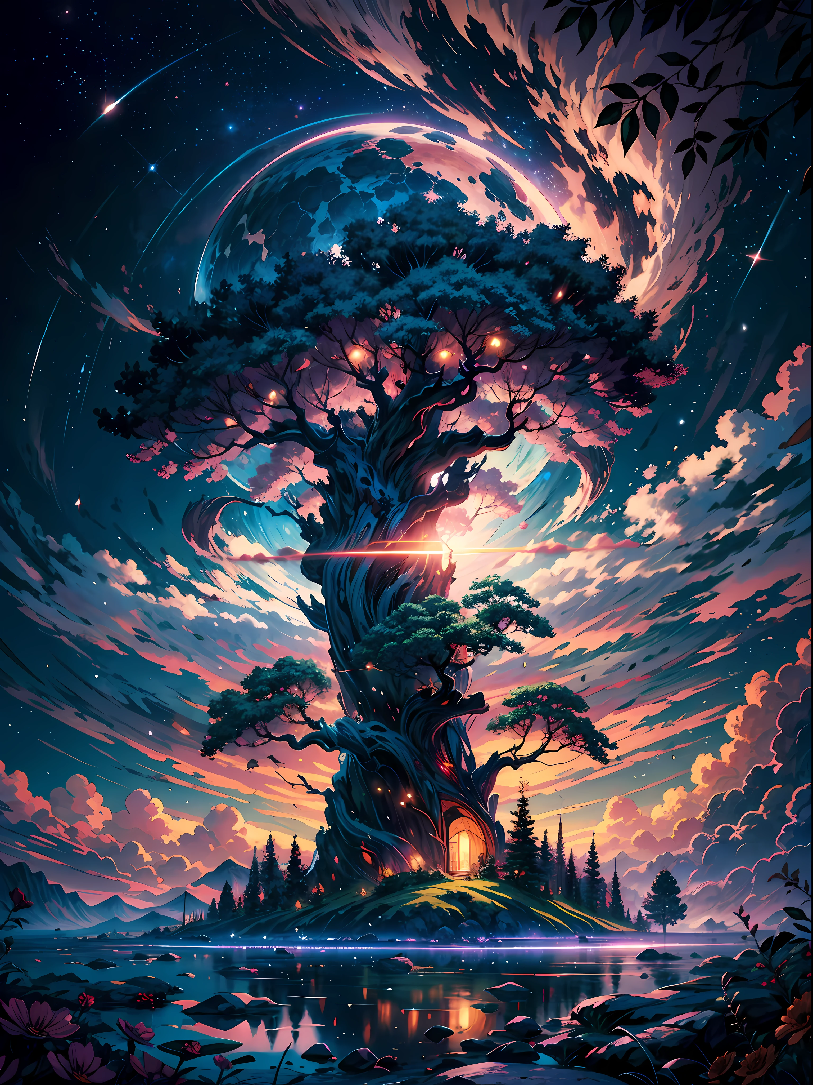 The image portrays a breathtaking, otherworldly landscape, set in a fantasy atmosphere of wonder and magic BREAK ,at the center of the image stands an awe-inspiring world tree, towering high into the clouds and reaching towards the heavens,Its trunk is massive and gnarled, with branches that stretch out in all directions, adorned with leaves and flowers that shimmer with a radiant glow.
BREAK 
The surrounding environment is equally captivating, with rolling hills and lush forests that extend as far as the eye can see. The sky is a vibrant blend of purples, pinks, and blues, with wispy clouds that seem to dance around the tree's branches and leaves
BREAK 
The colors used in the image are rich and vibrant, with a dazzling array of hues that create a sense of depth and dimension. The details of the tree and its surroundings are intricate and finely crafted, capturing the essence of a truly mystical and magical world