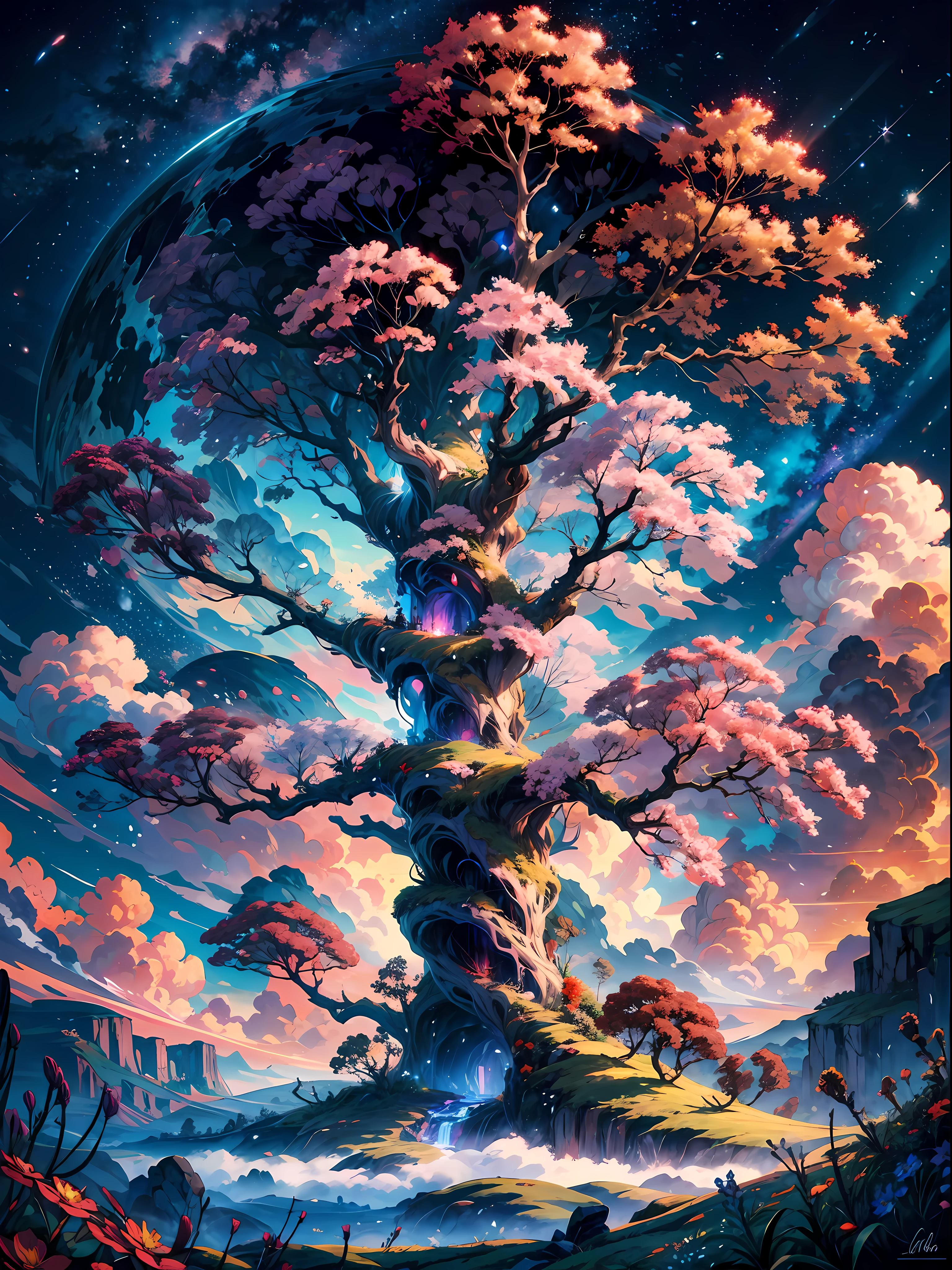 The image portrays a breathtaking, otherworldly landscape, set in a fantasy atmosphere of wonder and magic BREAK ,at the center of the image stands an awe-inspiring world tree, towering high into the clouds and reaching towards the heavens,Its trunk is massive and gnarled, with branches that stretch out in all directions, adorned with leaves and flowers that shimmer with a radiant glow.
BREAK 
The surrounding environment is equally captivating, with rolling hills and lush forests that extend as far as the eye can see. The sky is a vibrant blend of purples, pinks, and blues, with wispy clouds that seem to dance around the tree's branches and leaves
BREAK 
The colors used in the image are rich and vibrant, with a dazzling array of hues that create a sense of depth and dimension. The details of the tree and its surroundings are intricate and finely crafted, capturing the essence of a truly mystical and magical world