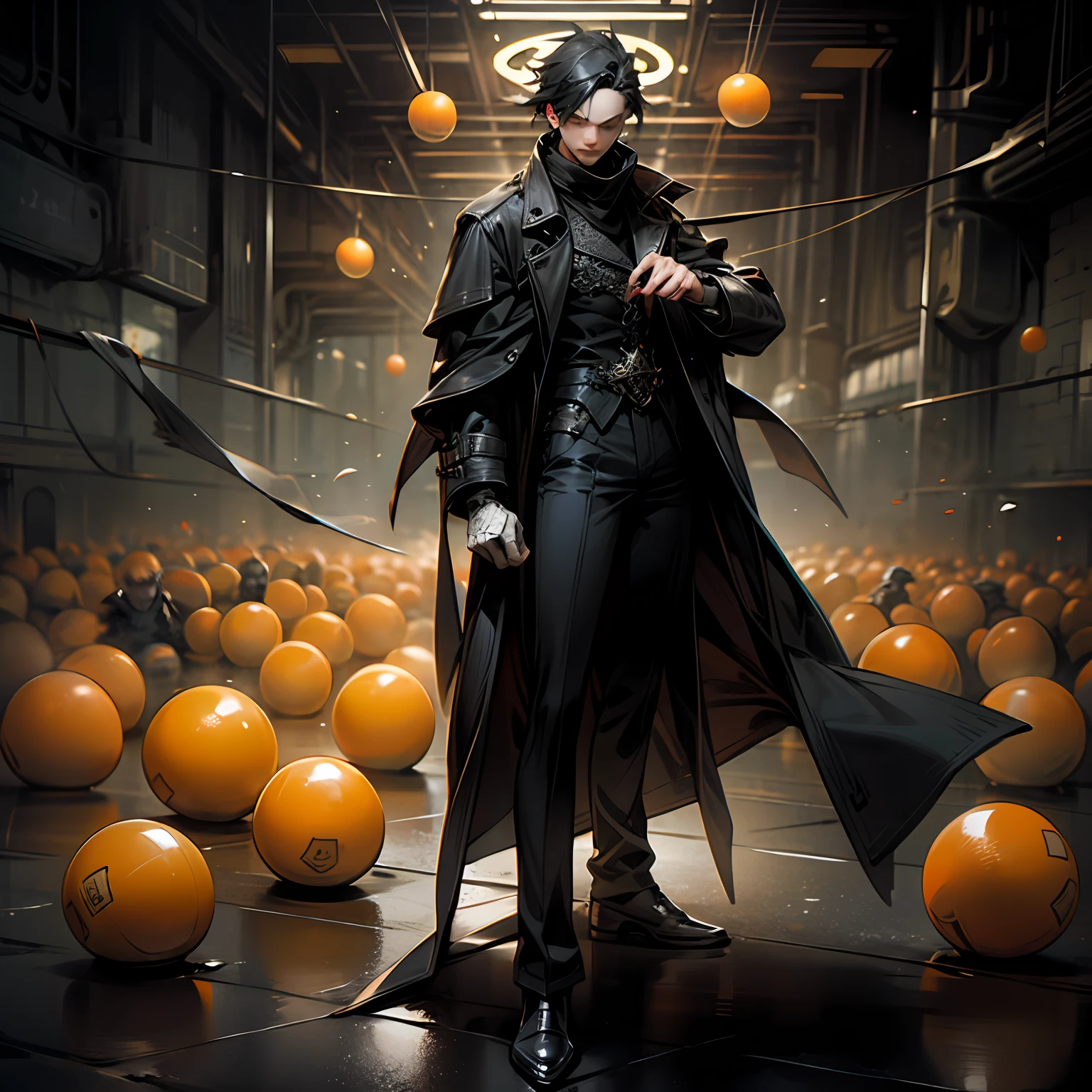 matrix fashion styled man, leather overcoat, black clothes, dark ambient, matrix atmosphere, orange balls around --auto