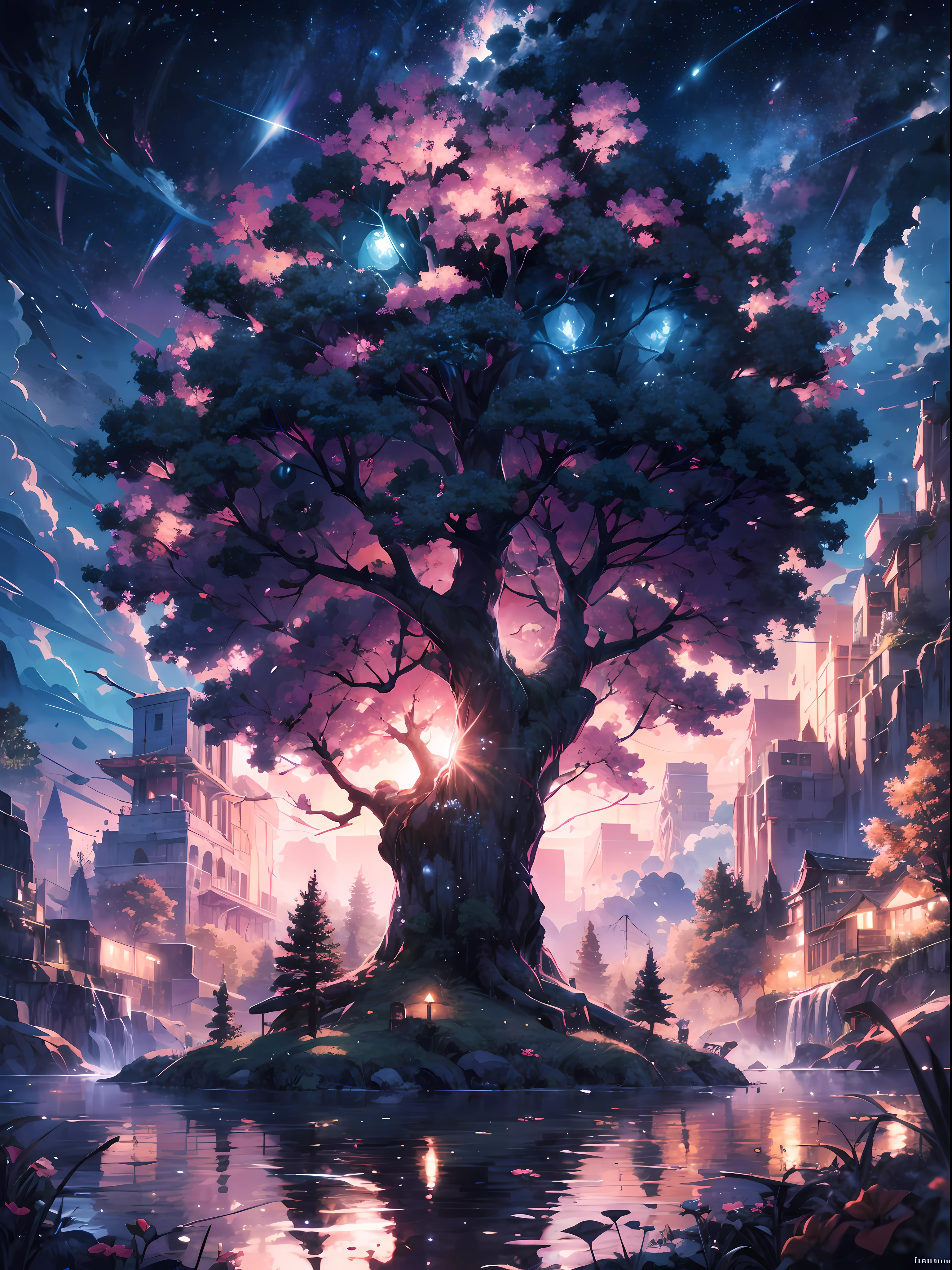 The image portrays a breathtaking, otherworldly landscape, set in a fantasy atmosphere of wonder and magic BREAK ,at the center of the image stands an awe-inspiring world tree, towering high into the clouds and reaching towards the heavens,Its trunk is massive and gnarled, with branches that stretch out in all directions, adorned with leaves and flowers that shimmer with a radiant glow.
BREAK 
The surrounding environment is equally captivating, with rolling hills and lush forests that extend as far as the eye can see. The sky is a vibrant blend of purples, pinks, and blues, with wispy clouds that seem to dance around the tree's branches and leaves
BREAK 
The colors used in the image are rich and vibrant, with a dazzling array of hues that create a sense of depth and dimension. The details of the tree and its surroundings are intricate and finely crafted, capturing the essence of a truly mystical and magical world