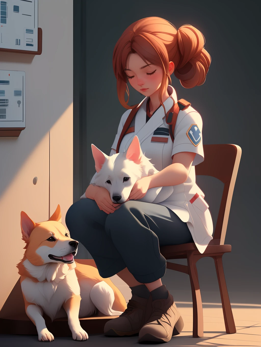 (extremely detailed CG unity 8k wallpaper,masterpiece, best quality, ultra-detailed),(best illumination, best shadow, an extremely delicate and beautiful),caring,first aid,woman and animal,bonding moment,dog's leg injury,her touch gentle,calm,empathy.