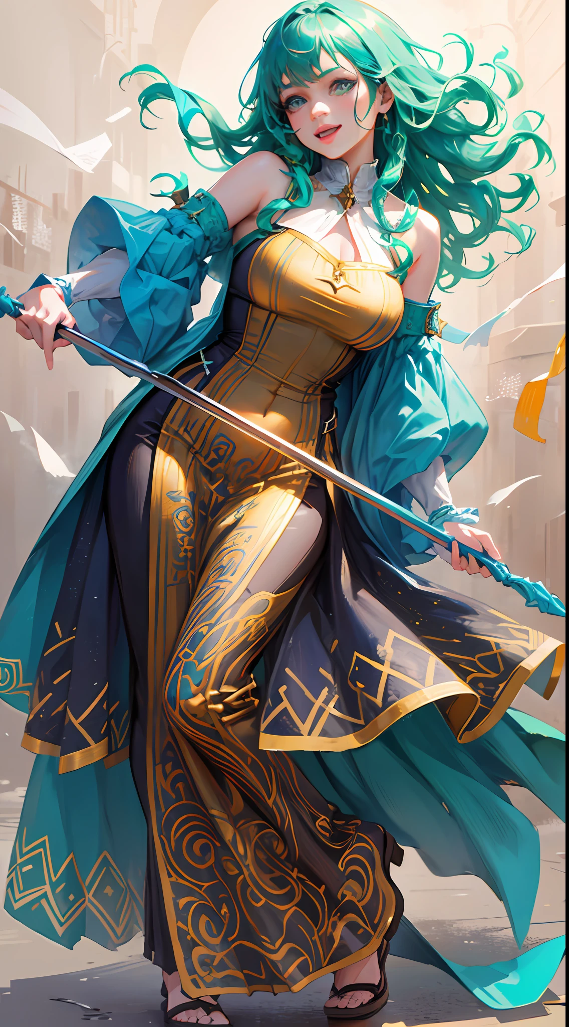 (absurdres, highres, ultra detailed), 1woman, mature female, aged up, wavy long hair, green hair, turquoise eyes, bangs, long sleeves, finely detailed eyes and detailed face, extremely detailed CG unity 8k wallpaper, intricate details, looking at viewer, solo, (full body:0.6), detailed background, detailed face, (medieval high fantasy theme:1.1), medieval fantasy (bard:0.8), happy expression, dancing, dynamic pose, colorful ruffled clothes, music, joyful atmosphere, tavern, music, celebration, music emanating, floating musical notes, musical notes, party, performance, (photorealistic:1.4), portrait