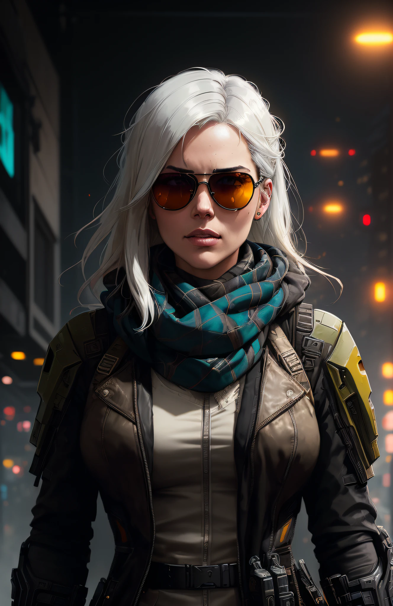 (dark shot:1.1), epic realistic, portrait of halo, sunglasses, blue eyes, tartan scarf, white hair by atey ghailan, by greg rutkowski, by greg tocchini, by james gilleard, by joe fenton, by kaethe butcher, gradient yellow, black, brown and magenta color scheme, grunge aesthetic!!! graffiti tag wall background, art by greg rutkowski and artgerm, soft cinematic light, adobe lightroom, photolab, hdr, intricate, highly detailed, (depth of field:1.4), faded, (neutral colors:1.2), (hdr:1.4), (muted colors:1.2), hyperdetailed, (artstation:1.4), cinematic, warm lights, dramatic light, (intricate details:1.1), complex background, (rutkowski:0.66), (teal and orange:0.4)