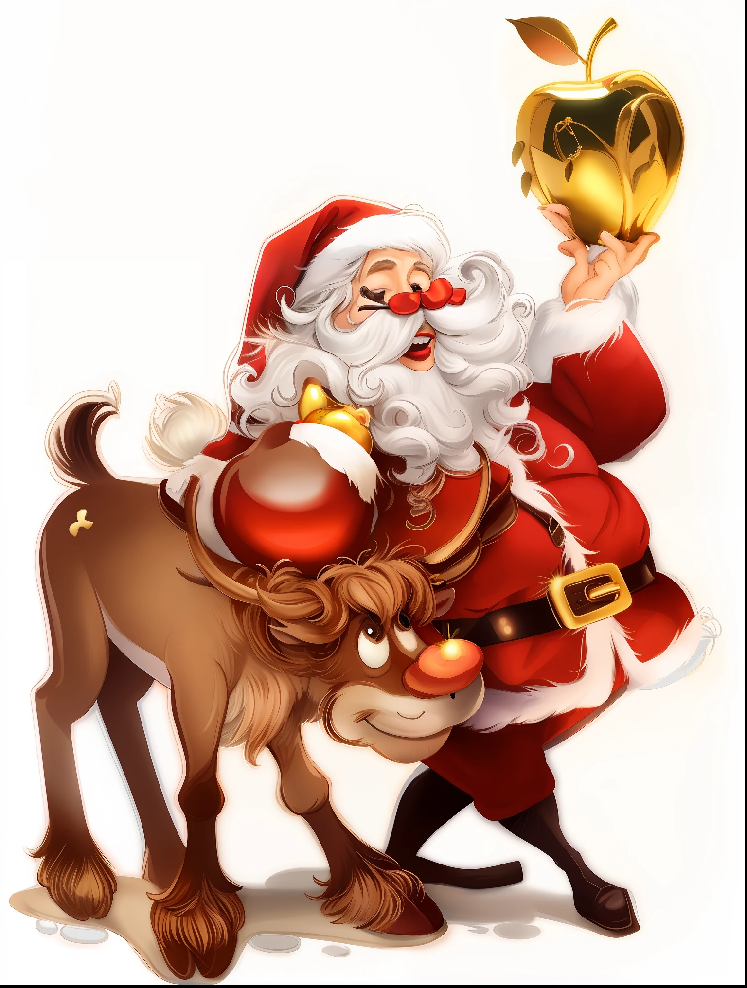 Santa Claus relies on reindeer，Holding a golden apple in his hand, santa, santa costume，Facial hair，reindeer，bucket-hat，Santa hat，mustaches，Male focus，mustaches，christmas，whitehair，独奏，white backdrop，waist belt，eye glass，deer antlers，boots，Holding a golden apple in his hand