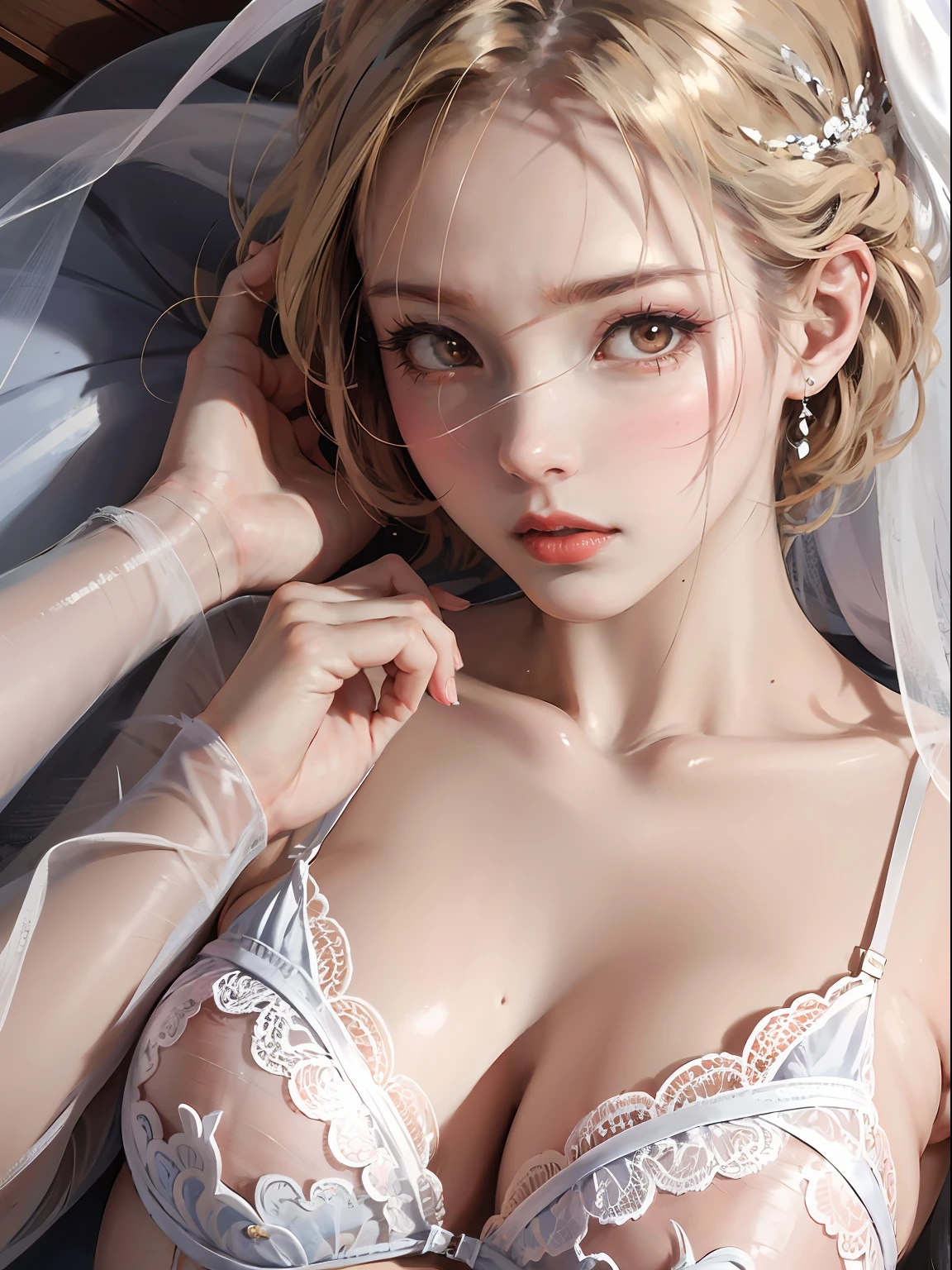 NSFW, (subjective hands on the belly), hand on belly, Mulheres, pale blonde hair, cabelos curtos, cabelos ondulados, Grande, cama, WLOP, deitada na cama, Branco, Decote em V, brassiere, anel no dedo, mordendo os labios, veil in hair, cabelos soltos, renda, nupcial, noiva, cinta liga, meia 7\8