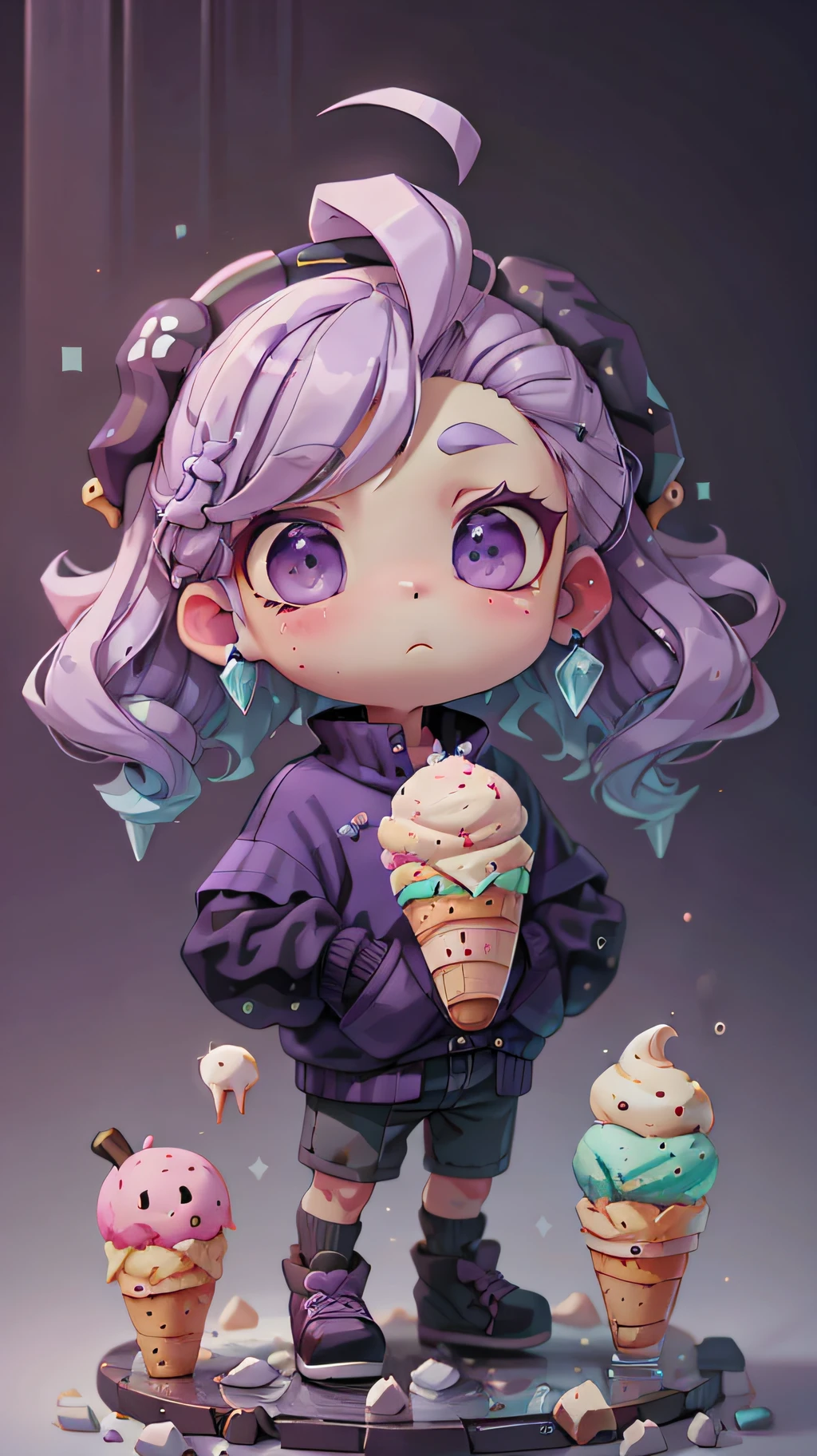 plastican00d， 1boys， Chibi T-Shi，Purple hair， Luxury fabrics，cyperpunk， dither， Ice cream texture，Profound， looking at the spectator， Striped background