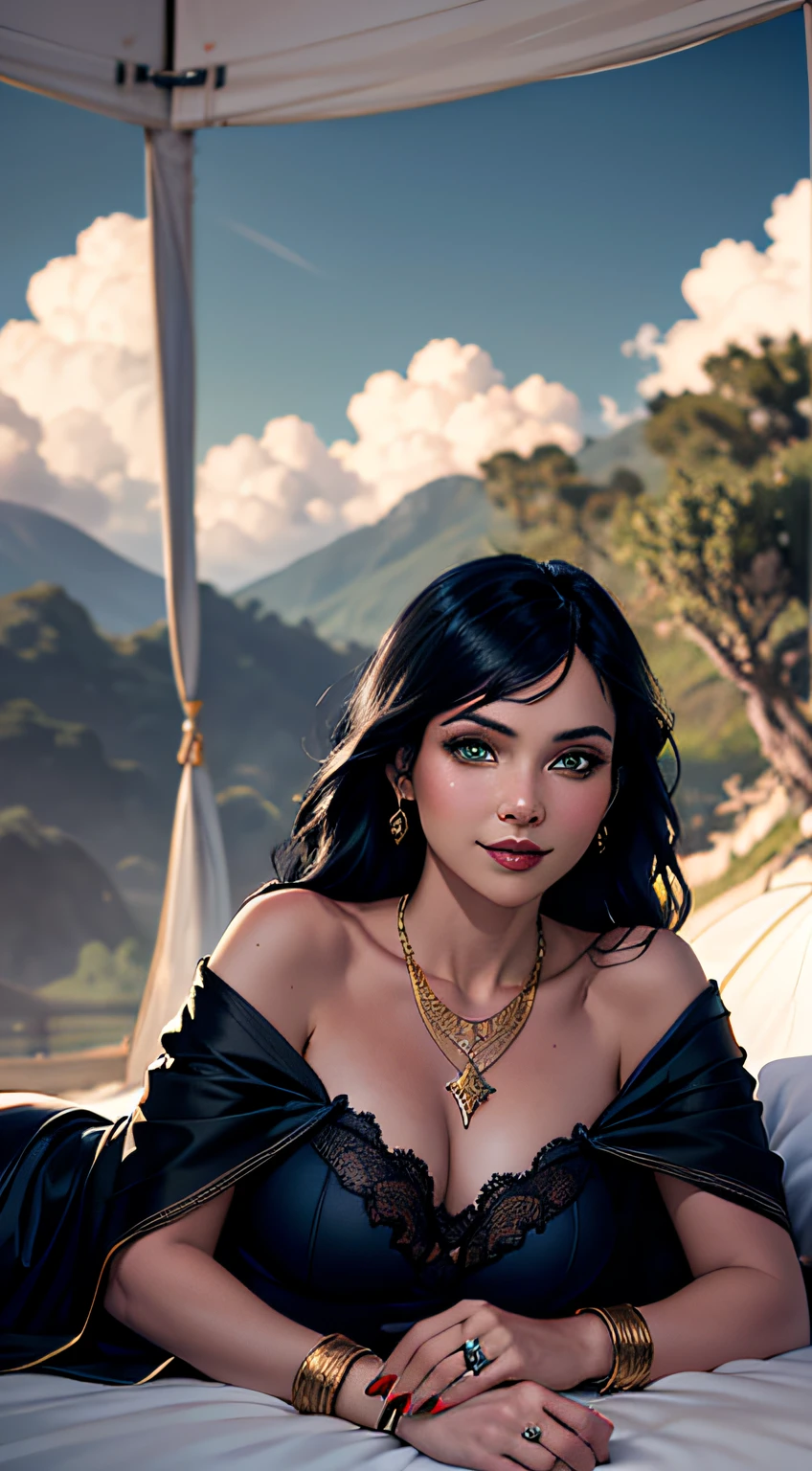 full body, (concept art), masterpiece, best quality, photorealistic, 8k raw photo, a portrait half-body photograph by Tom Bagshaw, tarot card style, [:(detailed face:1.2):0.2], absurdres iris textures, facing viewer, cowboy shot, (photorealistic:1.5), perfect body, 
a beautiful girl pureerosface_v1, smiling, ankle high heels, wearing transparent black off_shoulder_bandage_dress with gold ornaments,  necklace, armband, navel ring, transparent heavy lace cloak made of swan feathers, big boobs, green eyes, long legs, long black hair, rim lighting, lying on bed inside a silky luxurious tent, treasure chests, hills, rainforest, blue sky, clouds, sun style-hamunaptra, DarkFantasy, full female body,