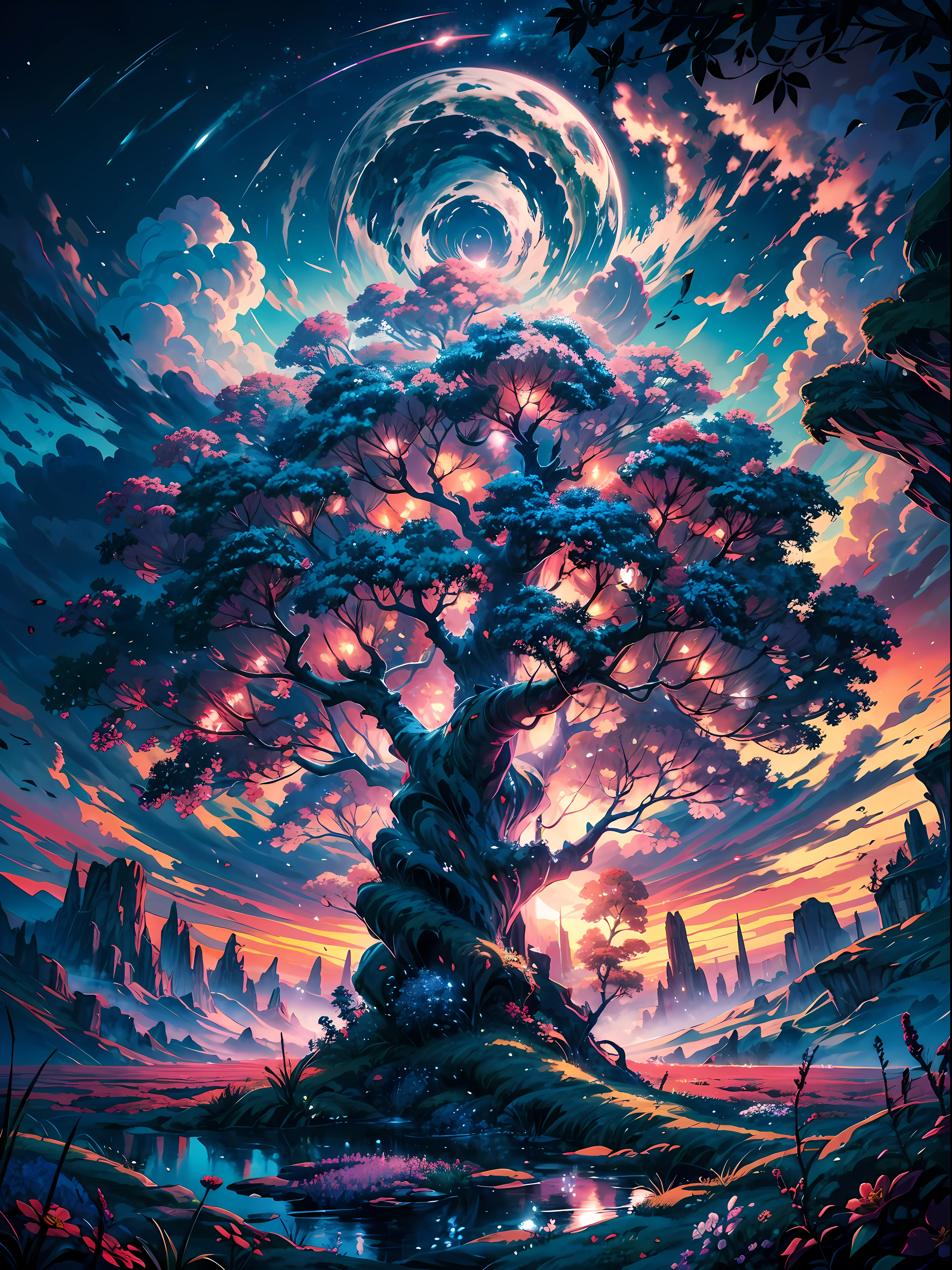 The image portrays a breathtaking, otherworldly landscape, set in a fantasy atmosphere of wonder and magic BREAK ,at the center of the image stands an awe-inspiring world tree, towering high into the clouds and reaching towards the heavens,Its trunk is massive and gnarled, with branches that stretch out in all directions, adorned with leaves and flowers that shimmer with a radiant glow.
BREAK
The surrounding environment is equally captivating, with rolling hills and lush forests that extend as far as the eye can see. The sky is a vibrant blend of purples, pinks, and blues, with wispy clouds that seem to dance around the tree's branches and leaves
BREAK
The colors used in the image are rich and vibrant, with a dazzling array of hues that create a sense of depth and dimension. The details of the tree and its surroundings are intricate and finely crafted, capturing the essence of a truly mystical and magical world
