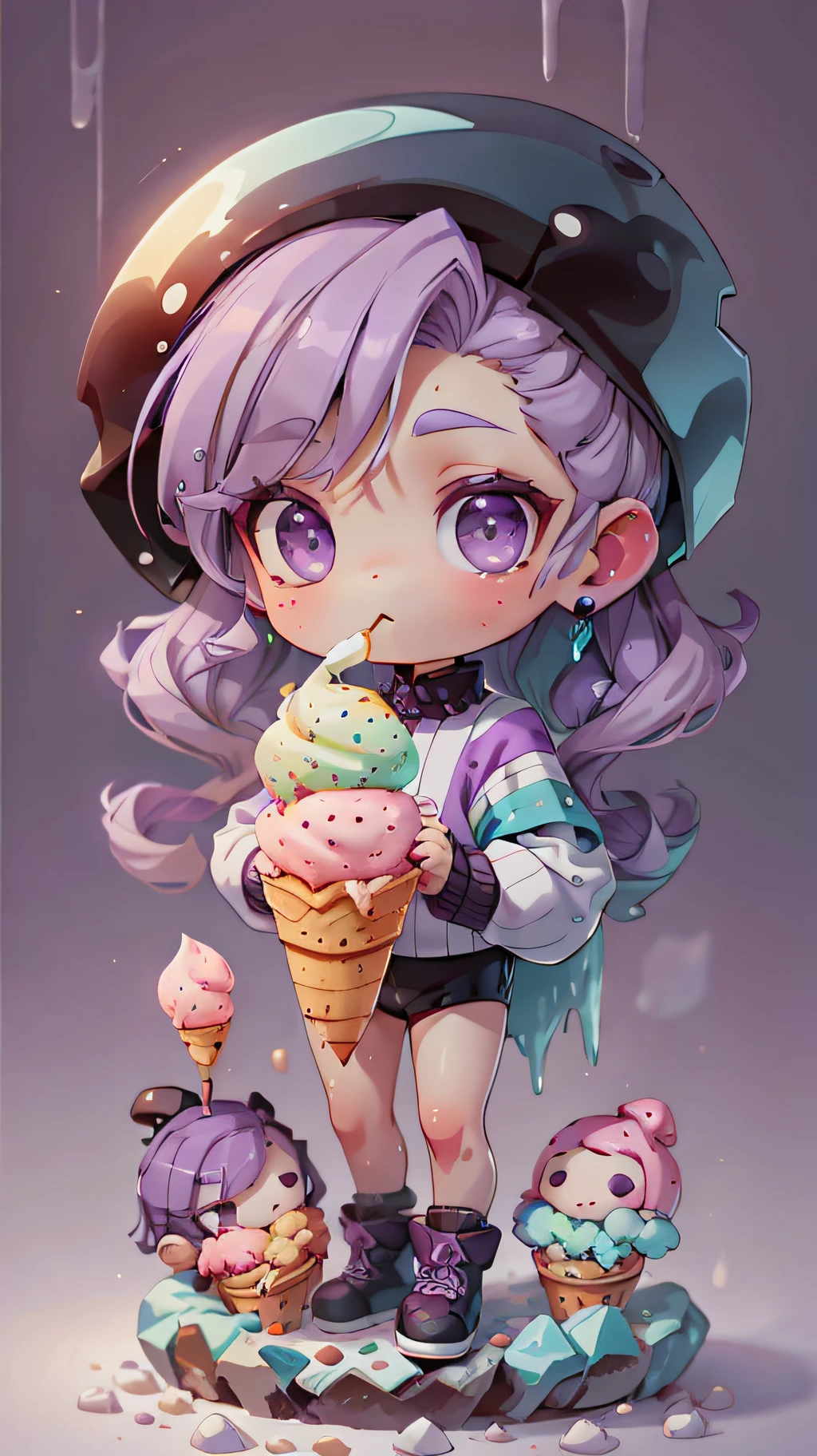 plastican00d， 1boys， Chibi T-Shi，Purple hair， Luxury fabrics，cyperpunk， dither， Ice cream texture，Profound， looking at the spectator， Striped background
