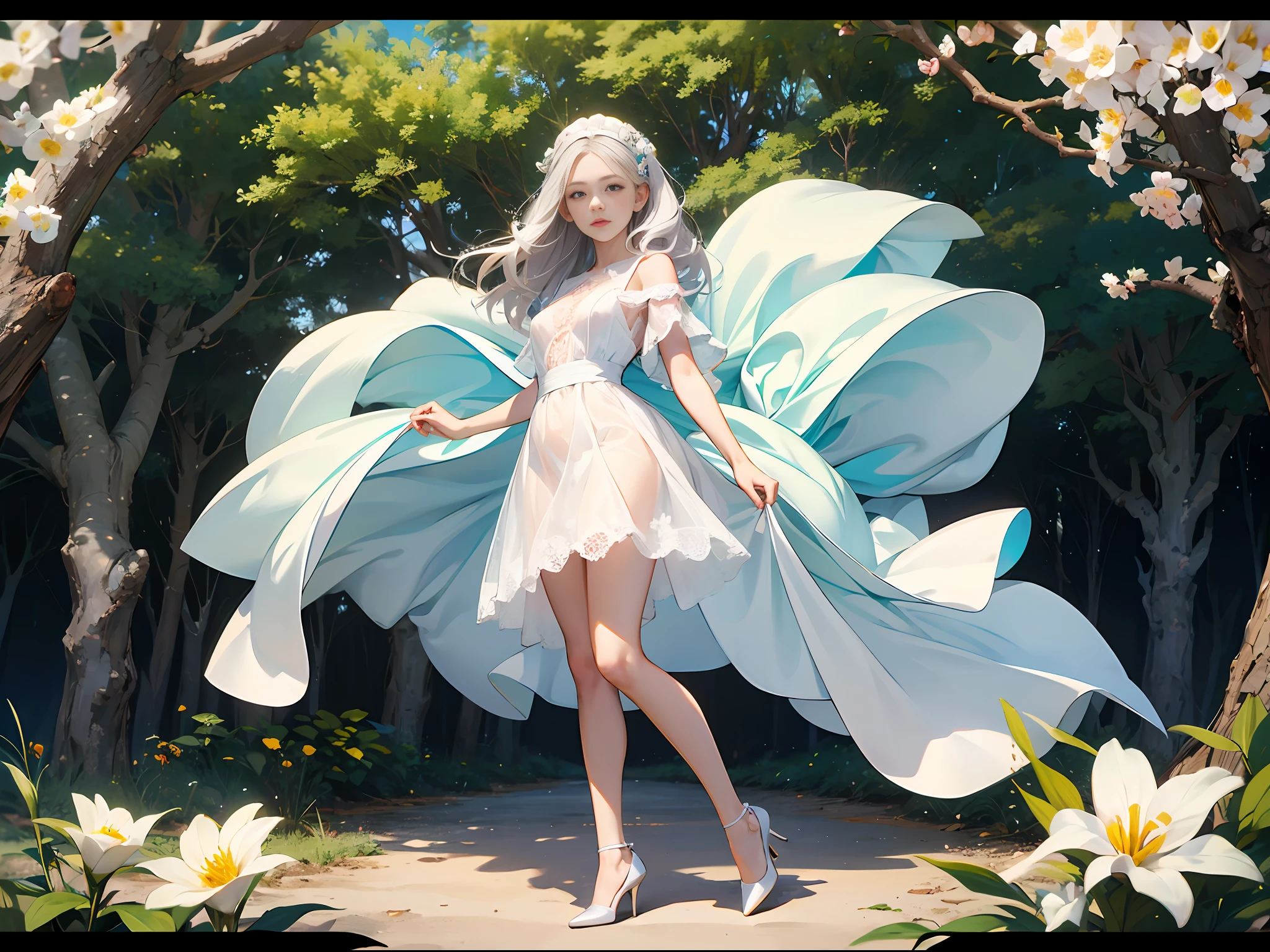 Obese girl,Tree with white flowers in the background,Bare breasts,iwhite colored hair,White lace blouse,White over-the-knee stockings,White high-heeled leather shoes,8K,to stand,, Super detail, ccurate, Best quality, High details, Super detail, Best quality, high resolucion, Textured skin, 巨作, ultra high def, retinas,delicateface,highly details,