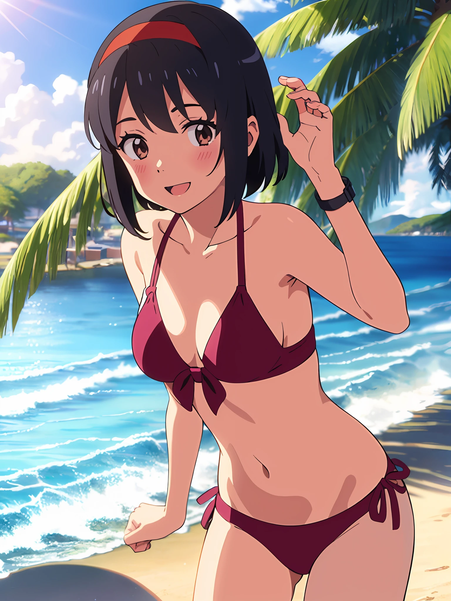 shinkai makoto, kimi no na wa., 1girl, bangs, black hair, brown eyes, headband, red headband, short hair, smile, beach, sand, ocean, palm, island, sun rays, splash, shadow, solo, muse, open mouth, blush, looking at the viewer, blue sky, happy, cloud, sunrise, swimsuit, bikini, masterpiece
