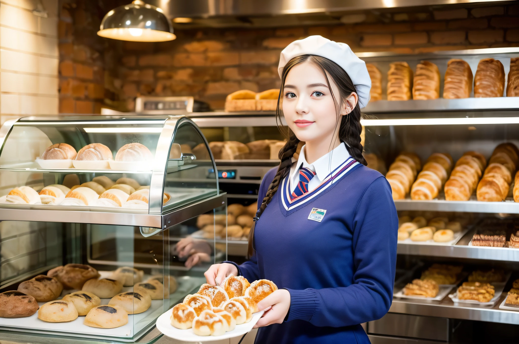 Baker, A (pretty young woman:1.1) with braided blond hair, clear blue eyes, fair skin, wearing a traditional (baker's uniform:1.2), often white, with a baker's hat, (oven peel:1.1). She is amidst the warm and comforting ambience of a German bakery filled with the smell of fresh bread, ovens baking, and a display filled with a variety of traditional pastries.