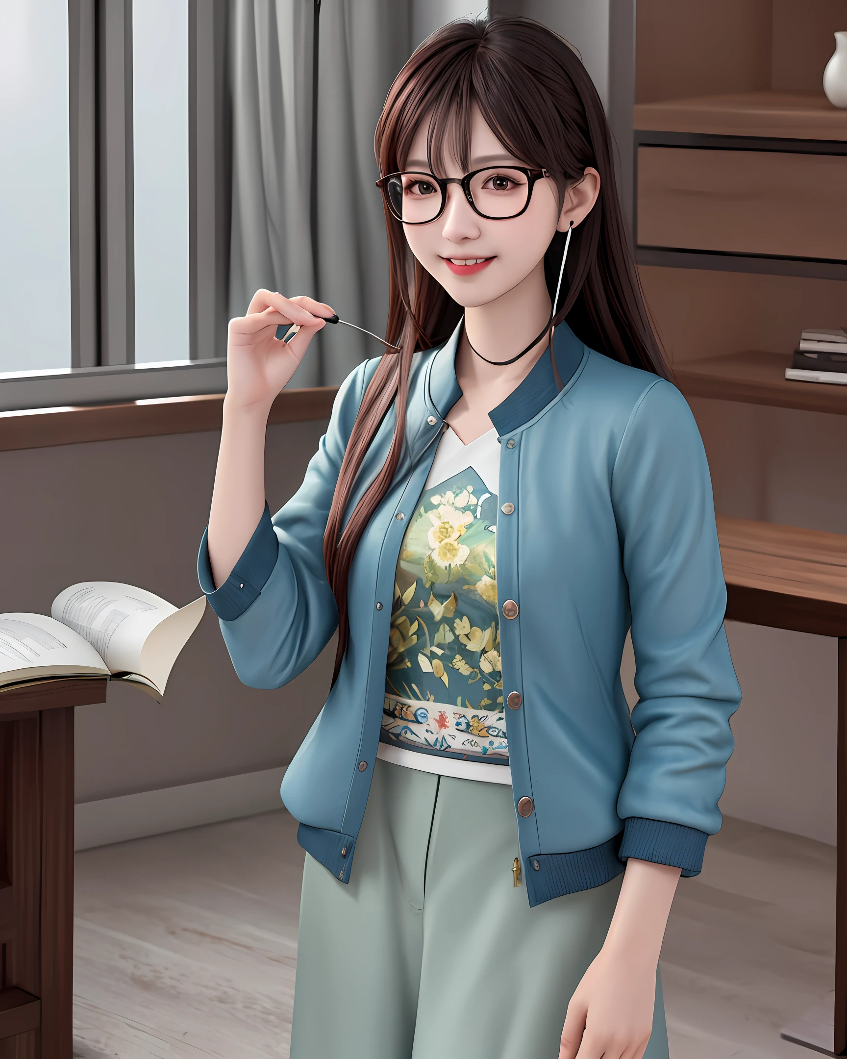 High Quality, high detailed, 8k, (Ultra-realistic), best Quality, extremely detail hair, Asian girl, glasses, standing, reading book, cute, kind, neat, looking ahead, 70/30, earphone, sweet smile, long hair, open jacket,