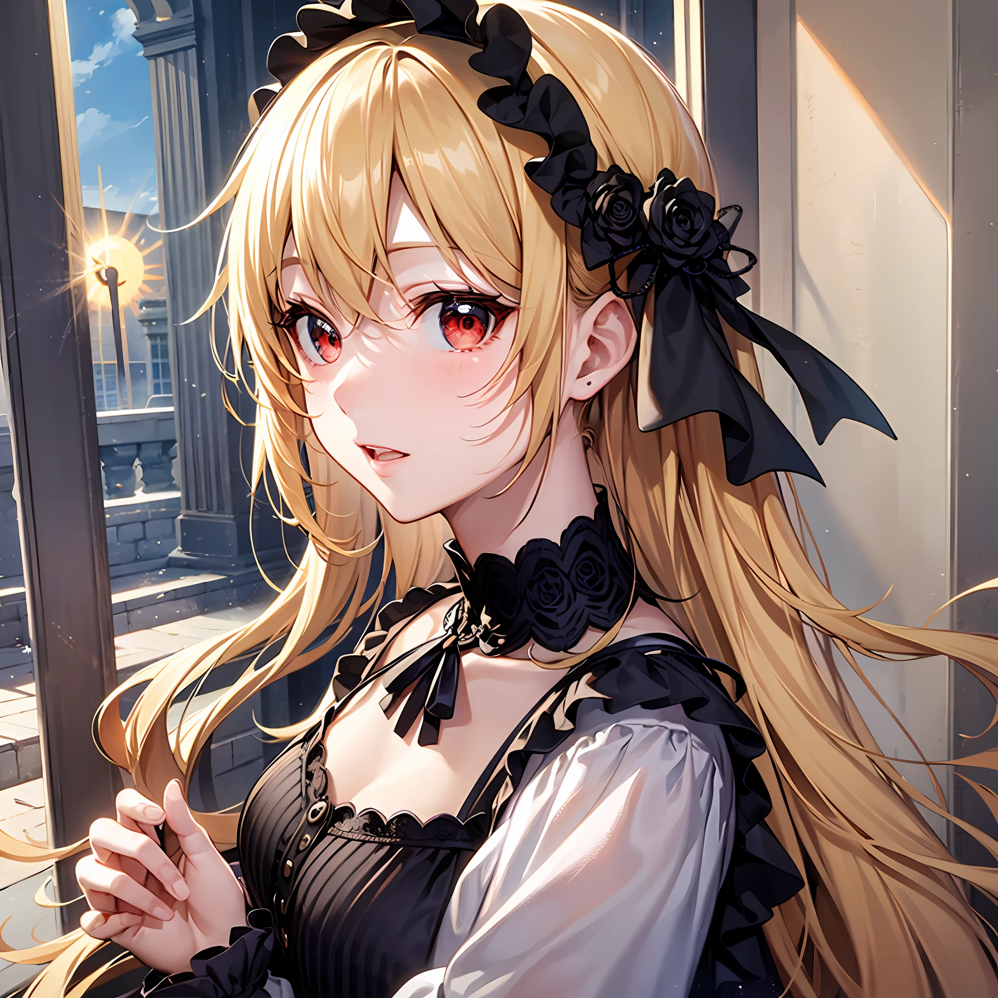 One blonde girl、red-eyed、gothic lolita、the sun、day light