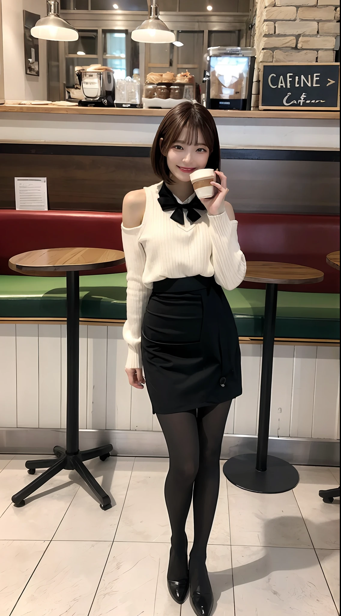 8k uhd, dslr,film grain, Fujifilm XT3,(best quality:1.3), (masterpiece:1.1), high resolution, cinematic light, intricate details, (photorealistic),outside,beautiful outside,sunny,
korean girl,(in cafe:1.5) , dimples, bobcut, looking at viewer, detailed trees, ribbons, bowties, bare shoulders, ribbed sweater,
pencil skirt, high-waist skirt, head rest, sitting, indoors,
necklace,black pantyhose, sheet transportation sweater, (smile),(full body:1.6),slender,