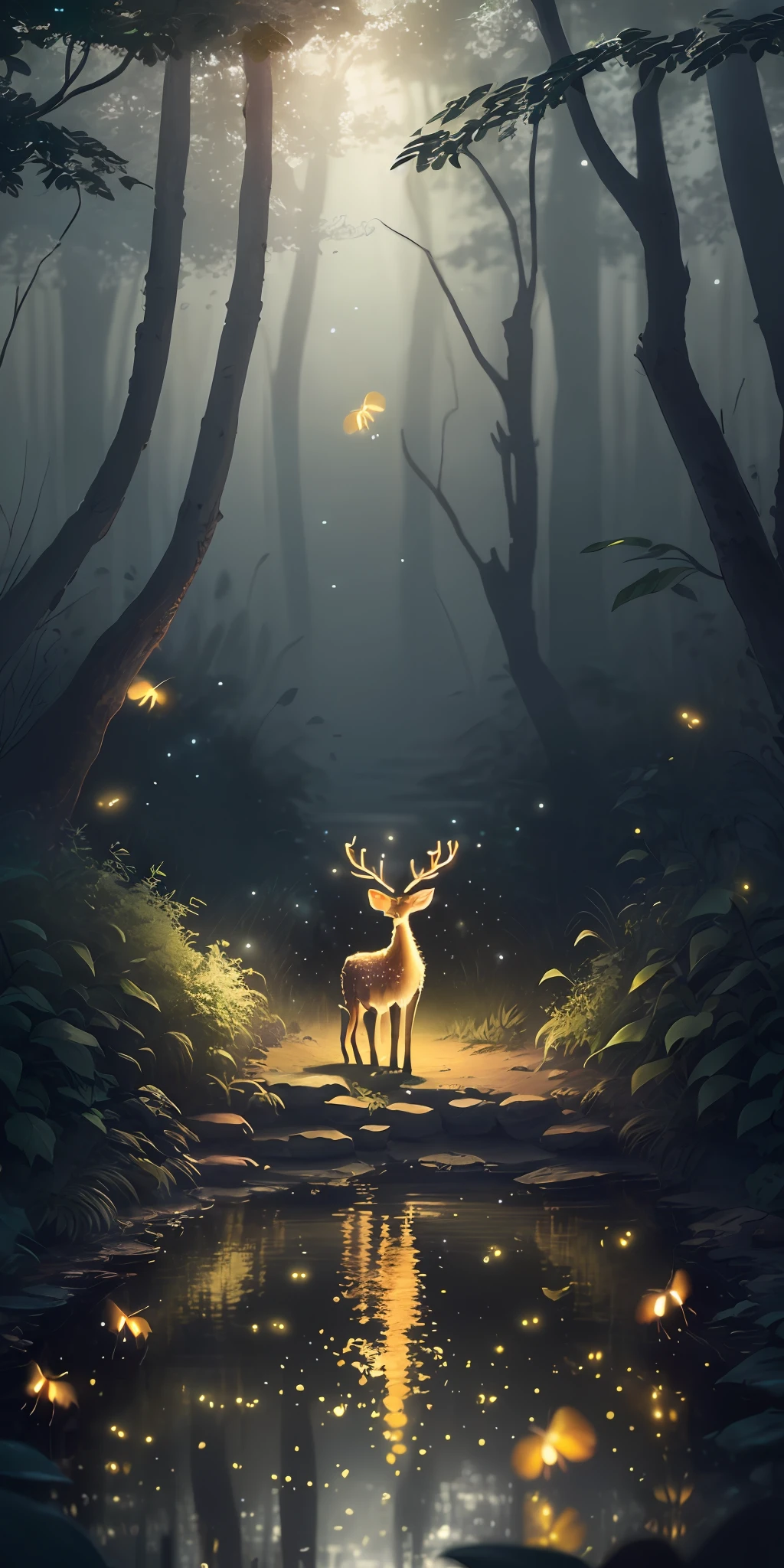 Masterpiece, best quality, (very detailed CG unity 8k wallpaper), (best quality), (best illustration), (best shadows), glow sprite, with a glowing deer, in the swimming pool Drinking water, natural elements in the forest theme. Mysterious forest, beautiful forest, nature, surrounded by flowers, delicate leaves and branches surrounded by fireflies (natural elements), (jungle theme), (leaves), (twigs), (fireflies), (particle effects) etc. 3D , Octane rendering, ray tracing, super detailed