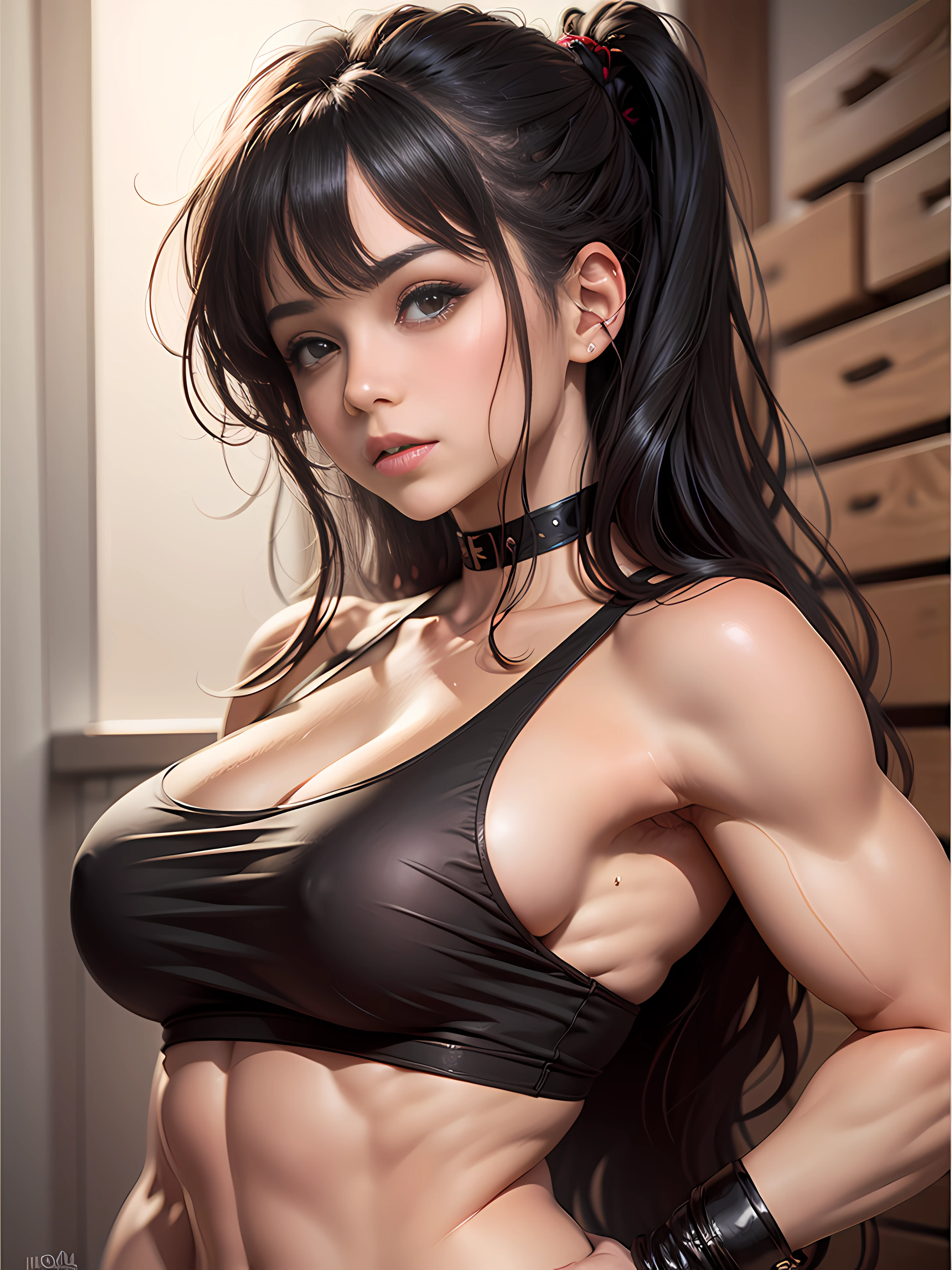 ((obra maestra: 3)), 1girl, mujer sola, Red-black haired woman with the largest and most veiny muscles you can draw,