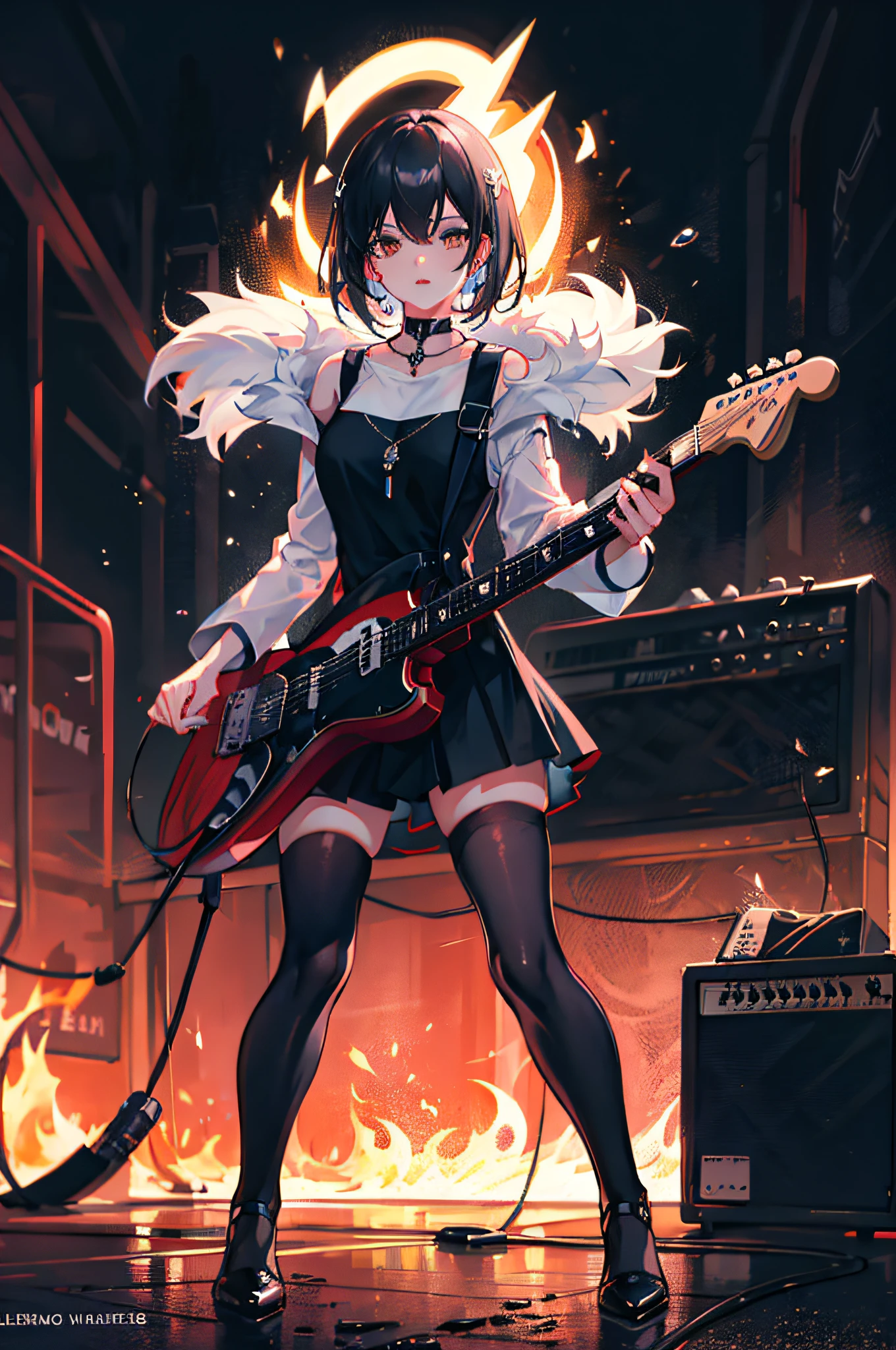 masterpiece,best quality,1girl,solo,looking at viewer, fur \(clothing\), black hair, black legwear,(electric guitar:1.4),  reflection, splash, droplets, rust, sparks, asphalt, ground vehicle, sports car, super car, mechanical,burning, playing instrument, livestream,