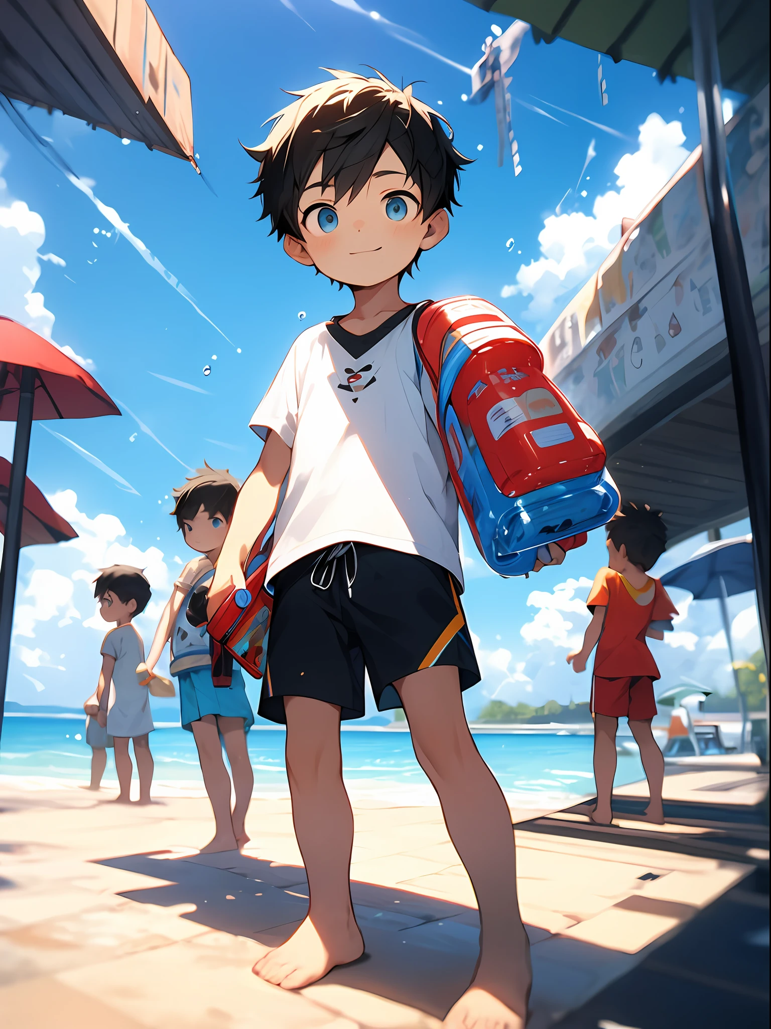 Shota，black color hair，toddlers，Blue eyes， Q version， Cutes， to stand， Master masterpieces， high resolucion，8K，detailedbackground，highly quality，Libido boy，独奏，swimming trunks，sandbeach，Happy expression，water gun