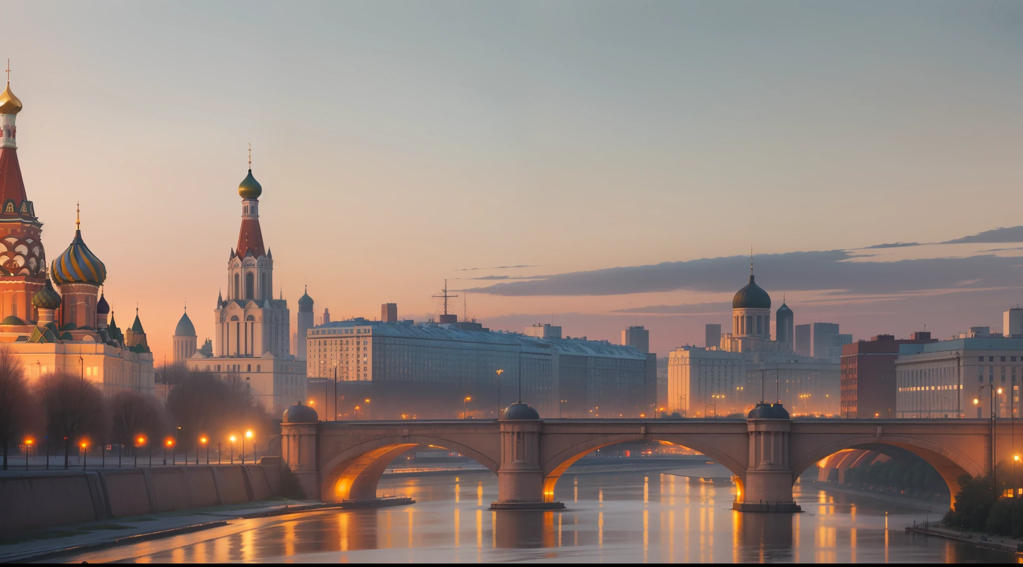(巨作, Best Quality, Abundant detail), Colorful view, Romantic mood, city panorama of Moscow, Bright lights, Buildings of Stalinist architecture, Summer cityscape