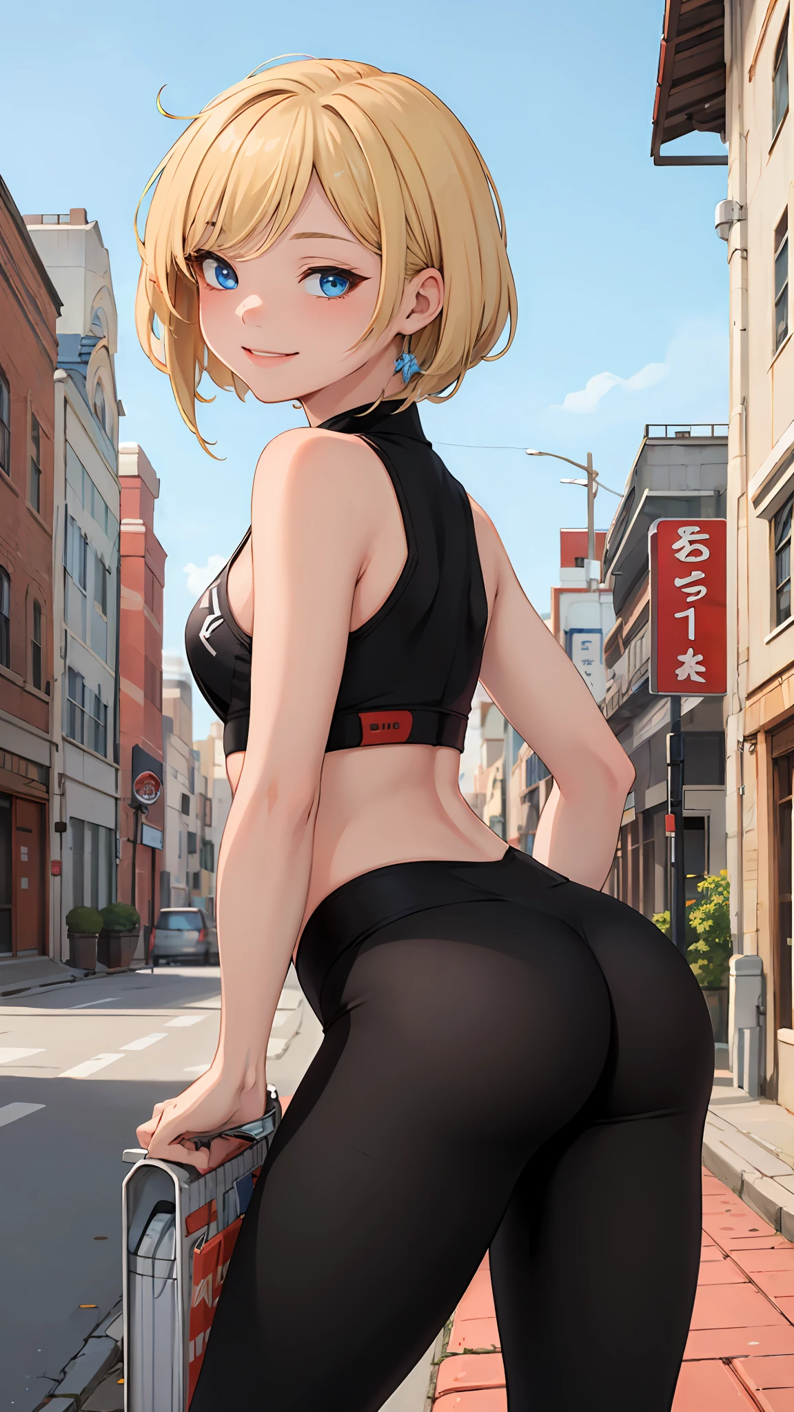 best quality, masterpiece, small breasts, smile, legging, outdoors, alone, anime style, deserted street outdoors, daytime, blue sky, blue eyes, detailed eyes, medium hair, blonde hair, loose hair , bangs, ass,