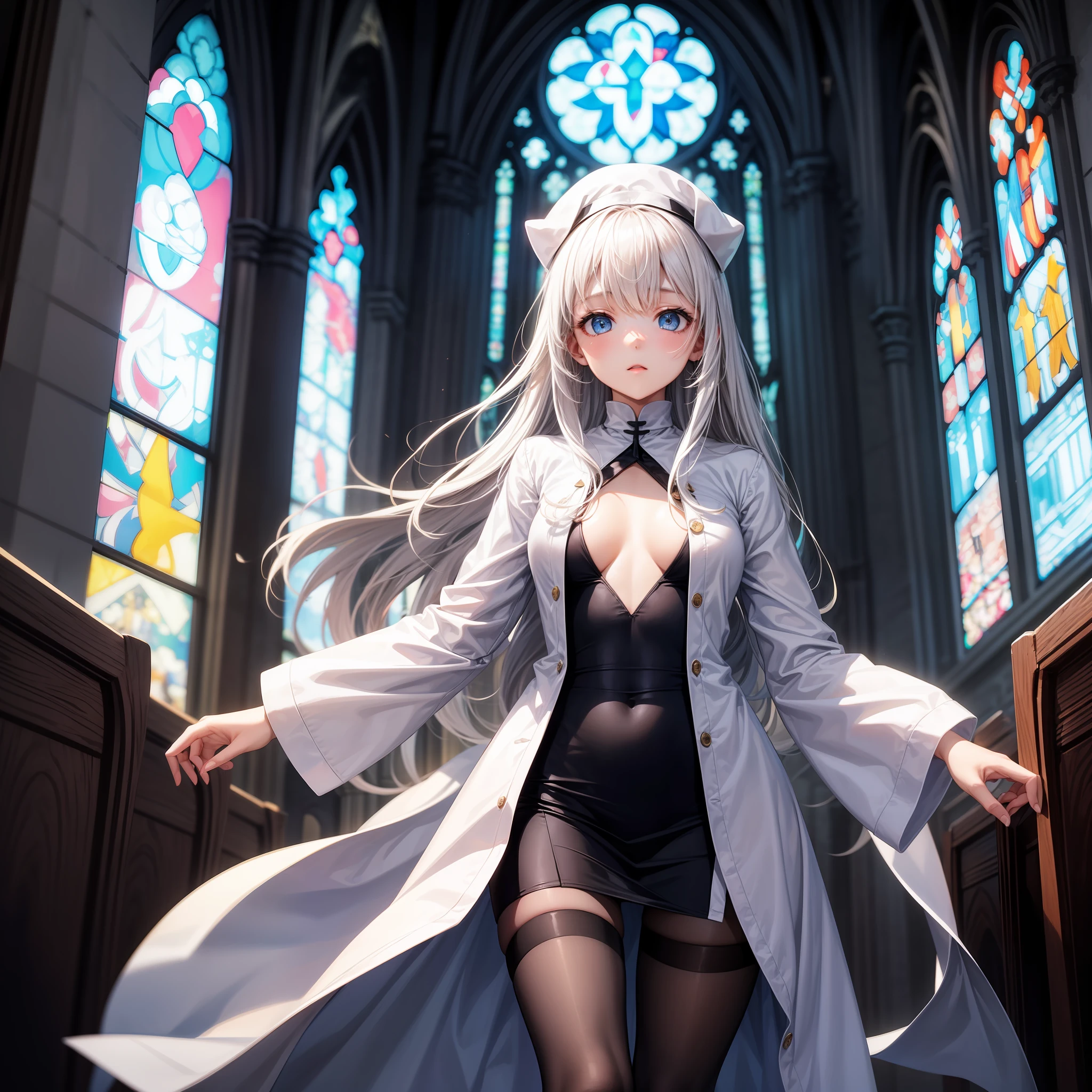 best quality、One girl、White clergy attire、sleeved、Open chest、large tits、White miniskirt、Light blue eyes、Small face、slender、Black tights、An empty church、dark lighting、A masterpice