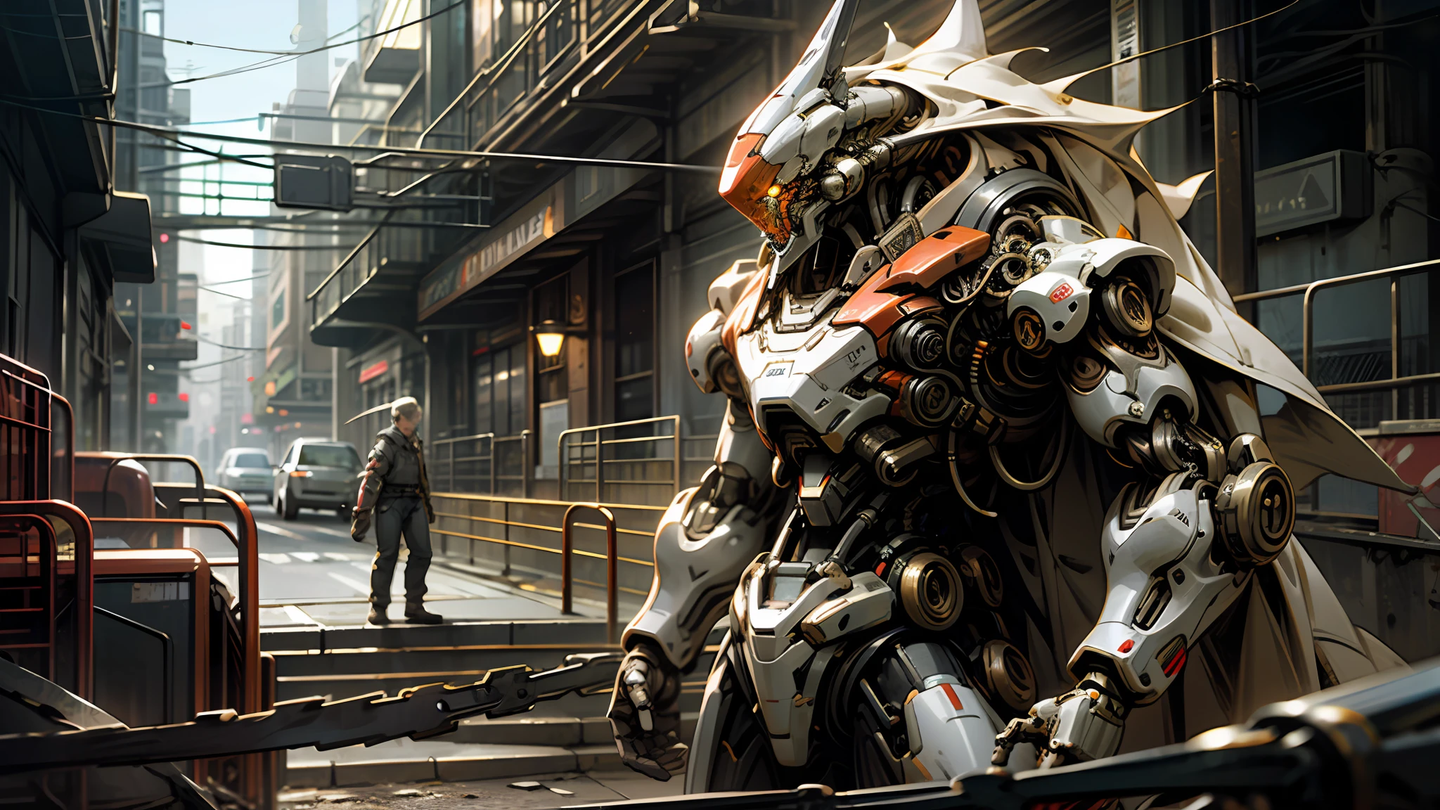 Dark_Fantasy,Cyberpunk,(chain saw,chain saw man,Red:1.1),1man,Mechanical marvel,Robotic presence,Cybernetic guardian, wearing a worn-out mech suit, intricate, (steel metal [rusty]), elegant, clear focus, shot by greg rutkowski, soft lighting, vibrant colors, masterpiece, ((street)), cowboy shot, dynamic pose,