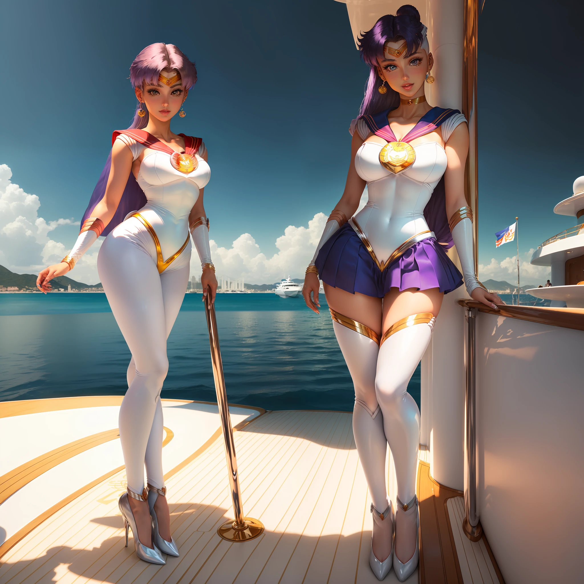 ((Full body):1.5), 1woman, wearing {((Sailor Moon costume, white with blue parts,, extremely tight body):1.2)}, has {extremely giant breasts}, {she has purple hair, short, mohawk, blue eyes}, she is looking at the viewer, {look of pure pleasure, fawn expression of pure pleasure, {she is leaning against a pole, posing erotic for the viewer}, {Background: very fancy yacht ((full of people with different ethnicities and clothing):1.52)} --auto