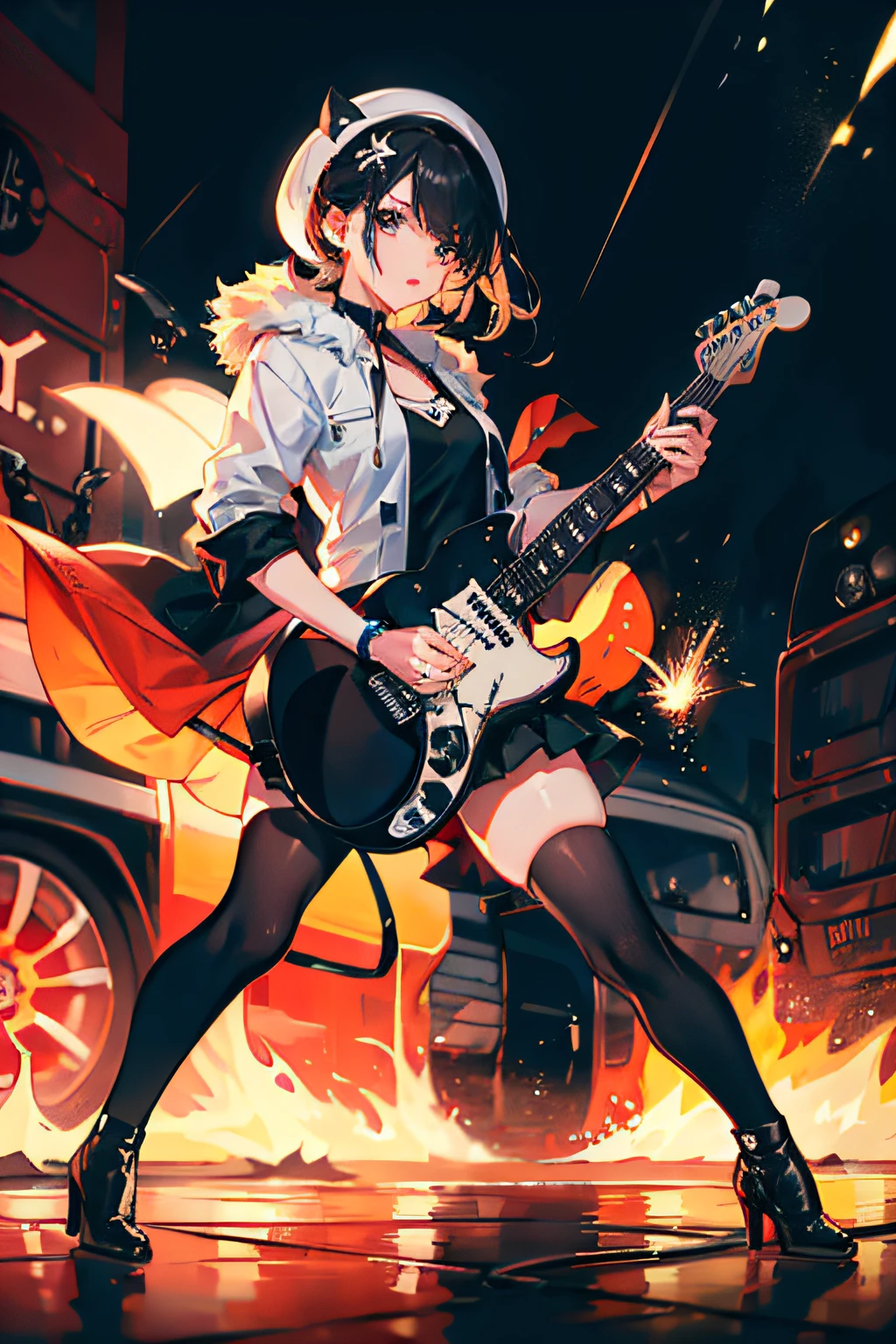 masterpiece,best quality,1girl,solo,looking at viewer, fur \(clothing\), black hair, black legwear,(electric guitar:1.4), reflection, splash, droplets, rust, sparks, asphalt, ground vehicle, sports car, super car, mechanical,burning, playing instrument, livestream,