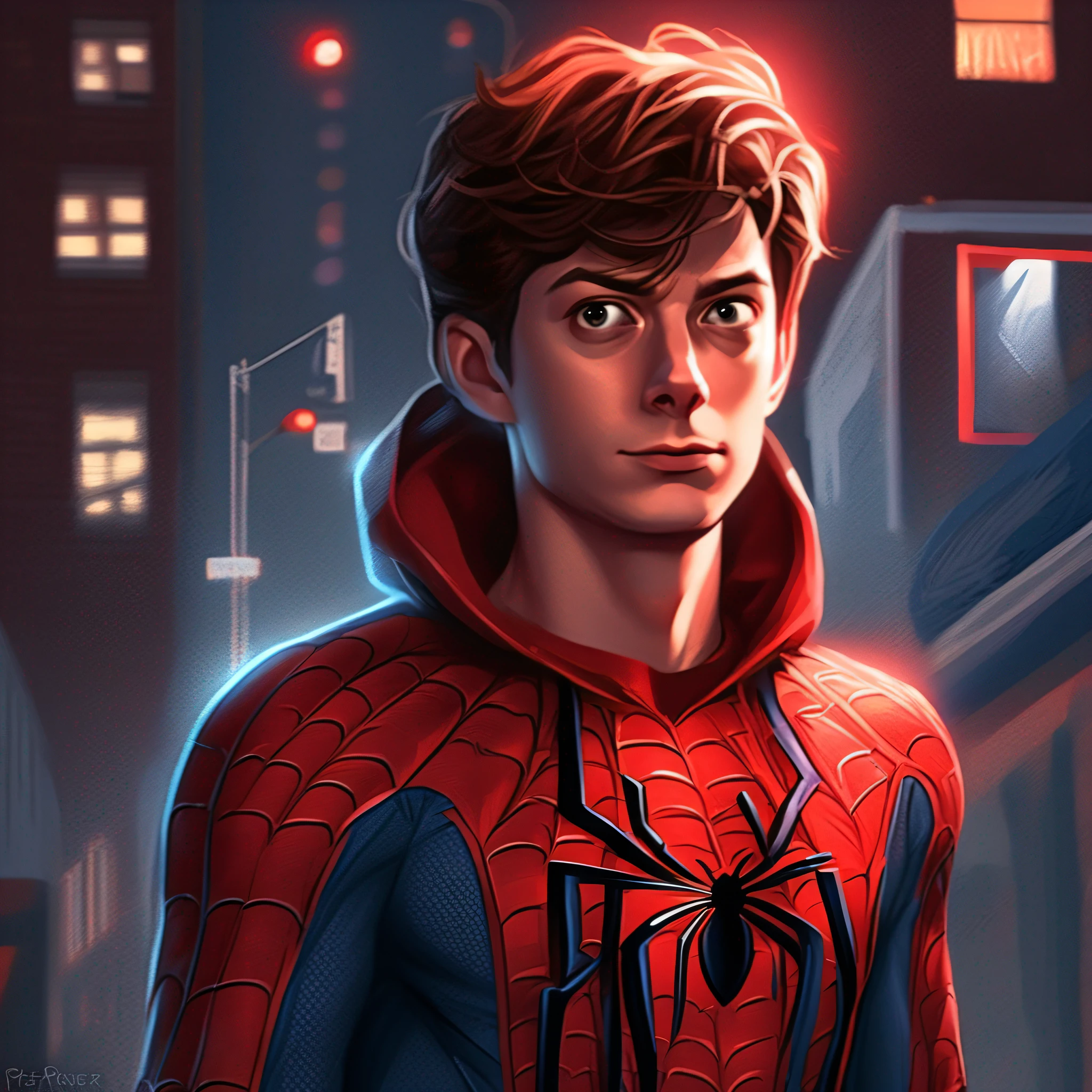 man wearing spider man costume, red light coming out of his eyes, peter parker, highly detailed exquisite fanart, spider man portrait, spider - verse art style, Peter Parker as Spider-Man