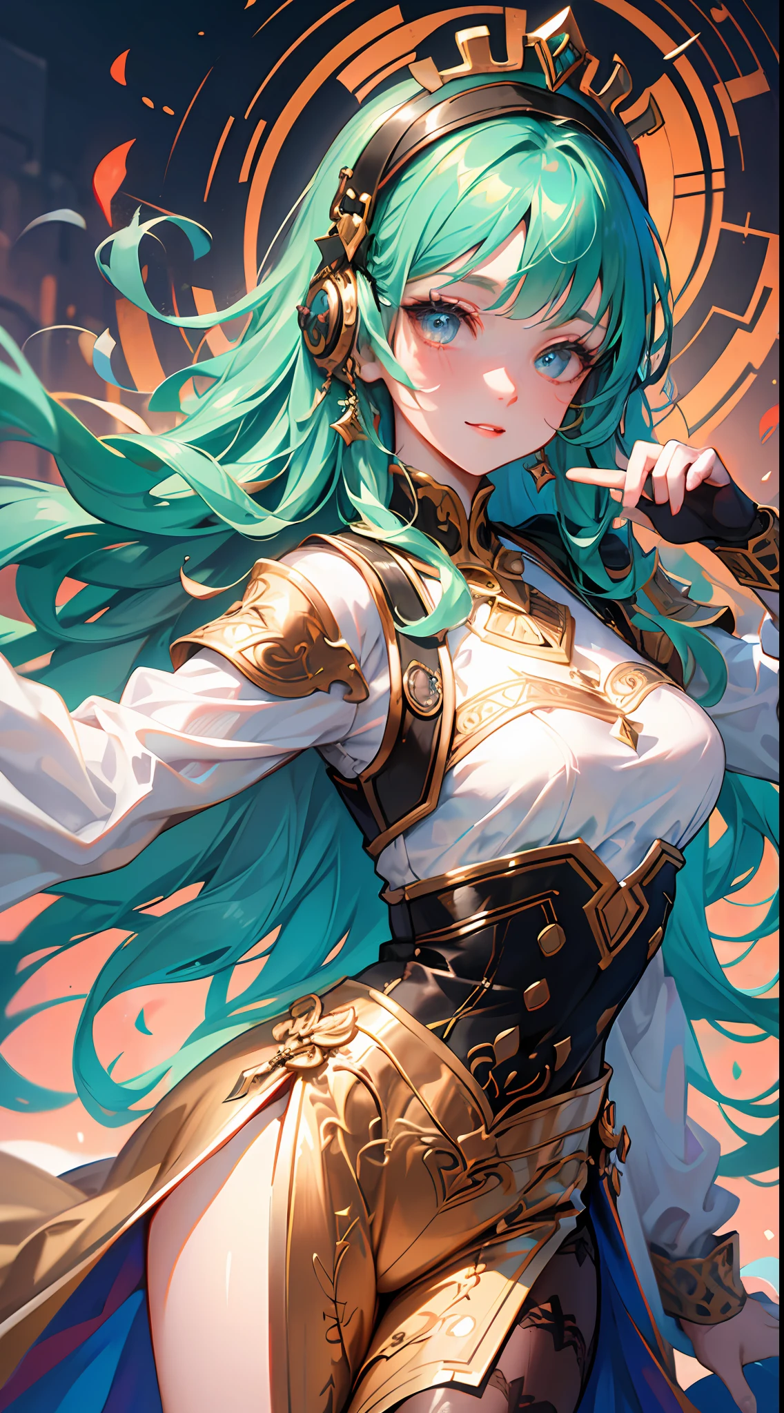 (absurdres, highres, ultra detailed), 1woman, mature female, aged up, wavy long hair, green hair, turquoise eyes, bangs, long sleeves, finely detailed eyes and detailed face, extremely detailed CG unity 8k wallpaper, intricate details, looking at viewer, solo, (full body:0.6), detailed background, detailed face, (medieval high fantasy theme:1.1), medieval fantasy (bard:0.8), happy expression, dancing, dynamic pose, colorful ruffled clothes, music, joyful atmosphere, tavern, music, celebration, music emanating, floating musical notes, musical notes, party, performance, portrait