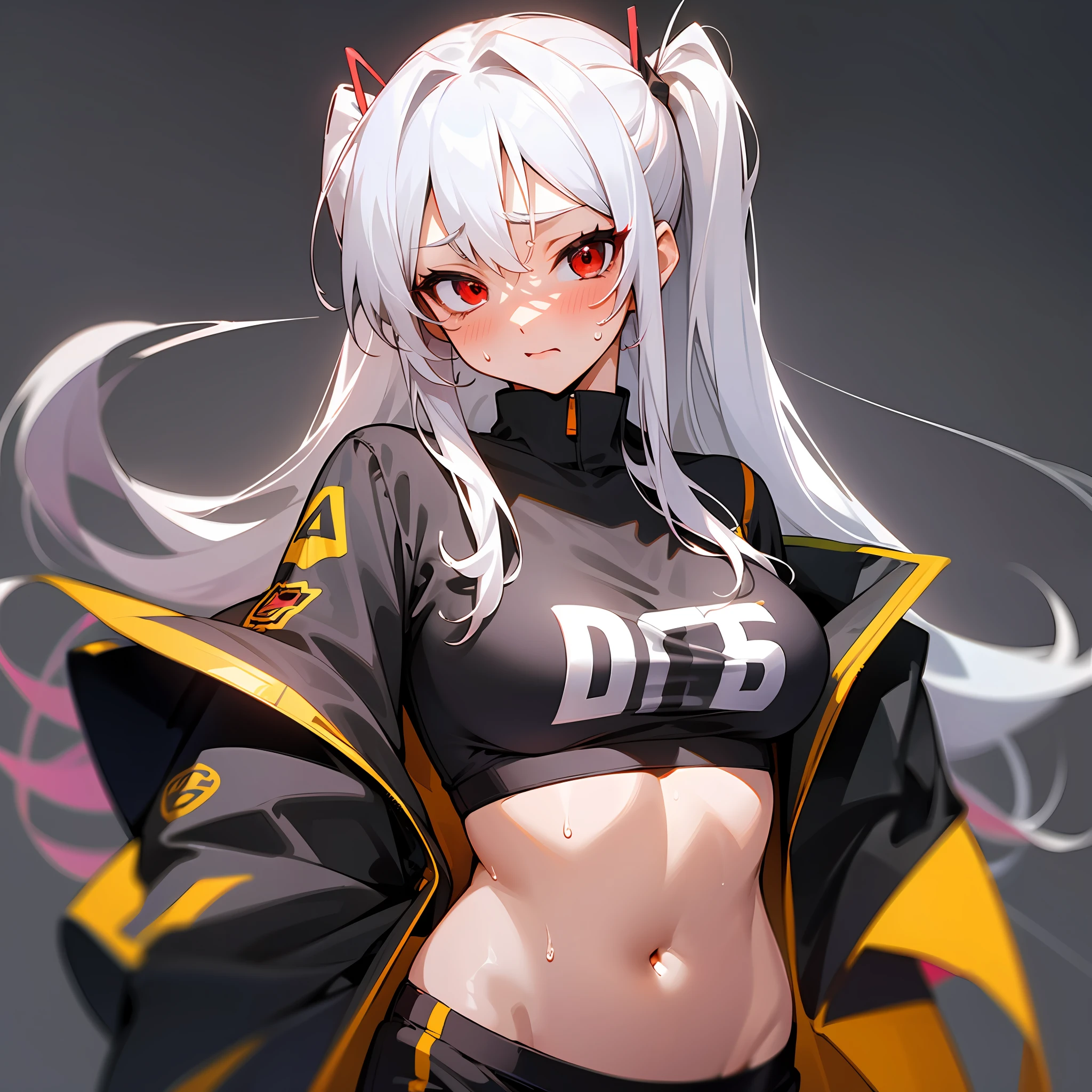 (Pure and minimalist black background),(The girl has red eyes and white hair, sport underwear, sweat shorts, A distant vista),(Tsundere sexy and energetic style)