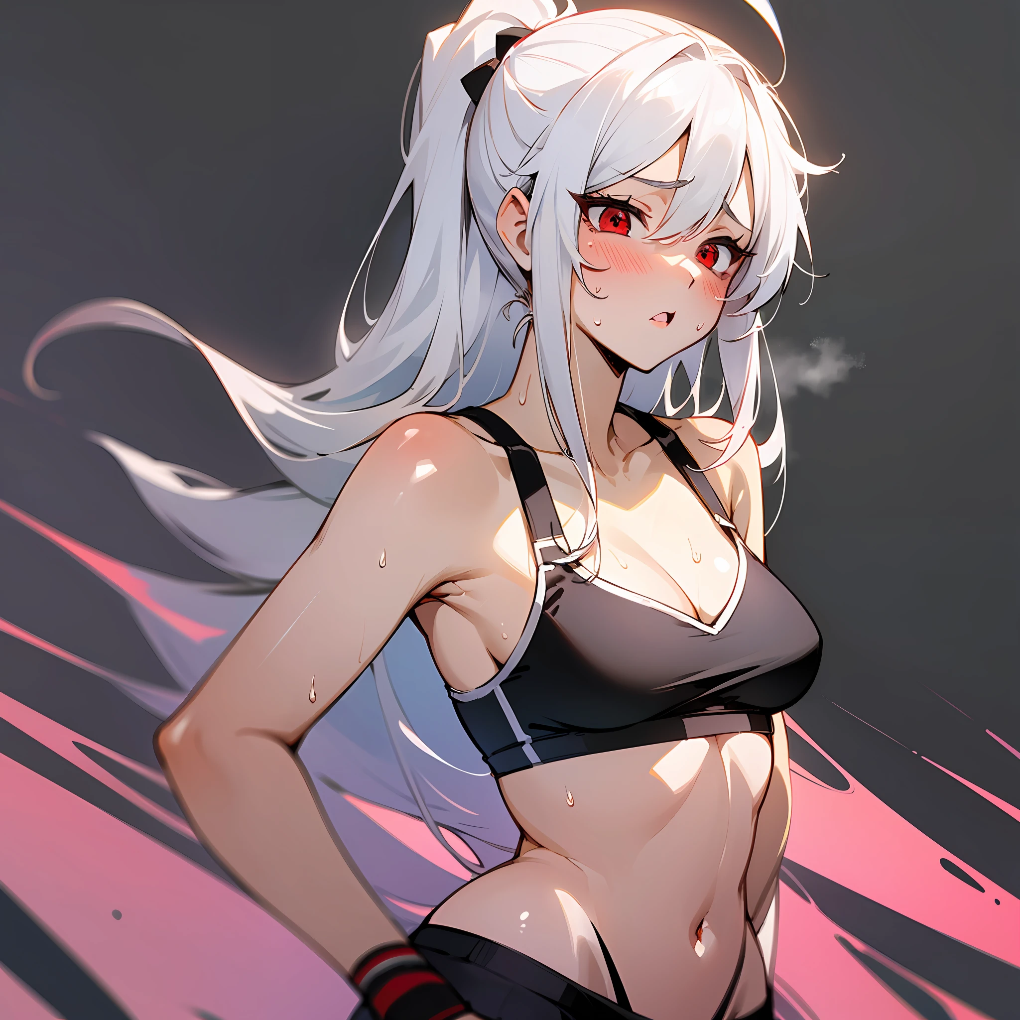(Pure and minimalist black background),(The girl has red eyes and white hair, sport underwear, sweat shorts, A distant vista),(Tsundere sexy and energetic style)