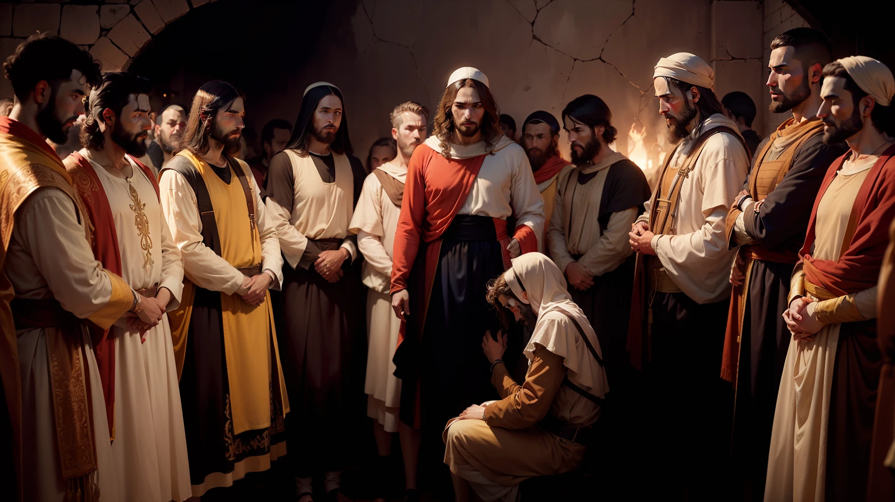 Jesus in the midst of the disciples, bible illustration, epic biblical representation, imagem super realista, cinematic lightening, beautiful depiction, Realistic, 4k, HDR