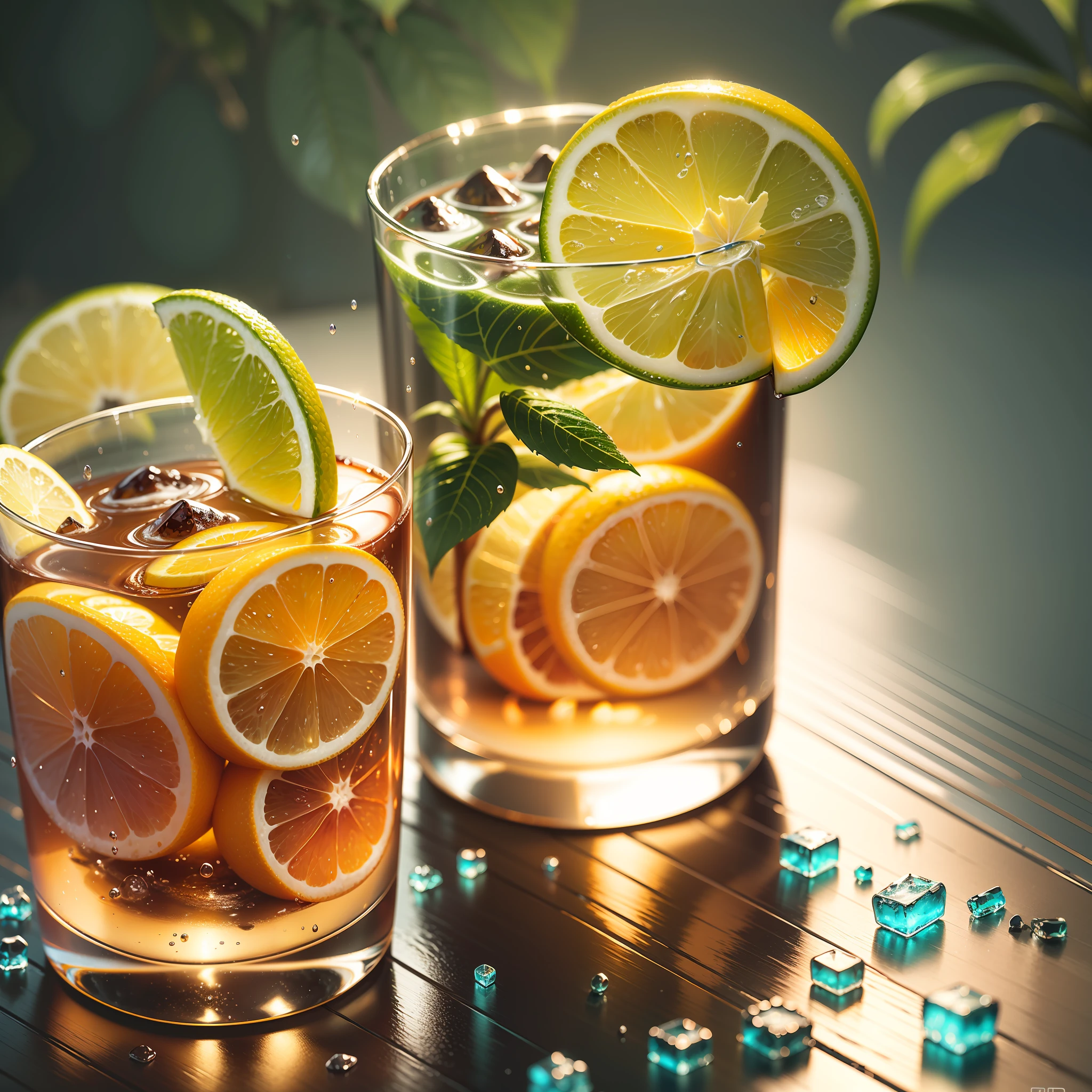 Wallpapers、drinks、ice cubes、lemon、Tropical plants、Hot weather、((high definition detail))、wet watermarks、(((ultra detaile)))、the movie、Hyper-realistic、softlighting、Deep focus bokeh、raytraced、diffuse reflection（Ultra-fine glass reflection）and surrealism
