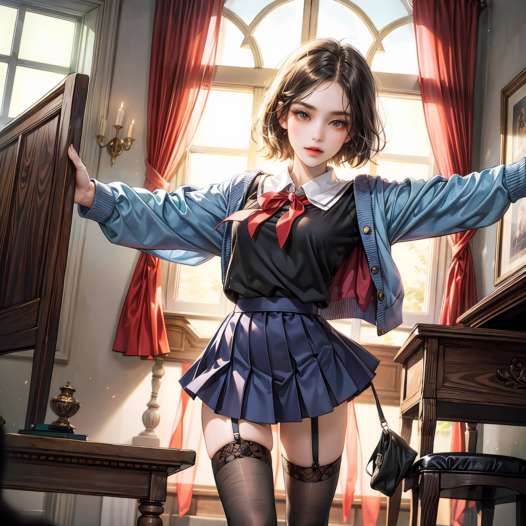(Best Quality, ultra detaild, Illustration, Masterpiece),
drapes, stockings, 1girls,School Uniform, school skirt,Open legs,show pantie