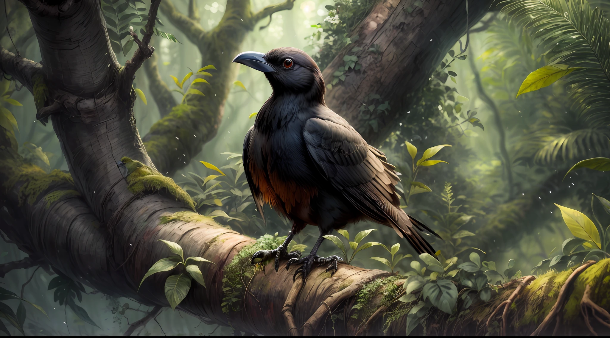 There is a black bird that is sitting on a branch in the forest, arte conceitual ultra realista, arte conceitual escura fotorrealista