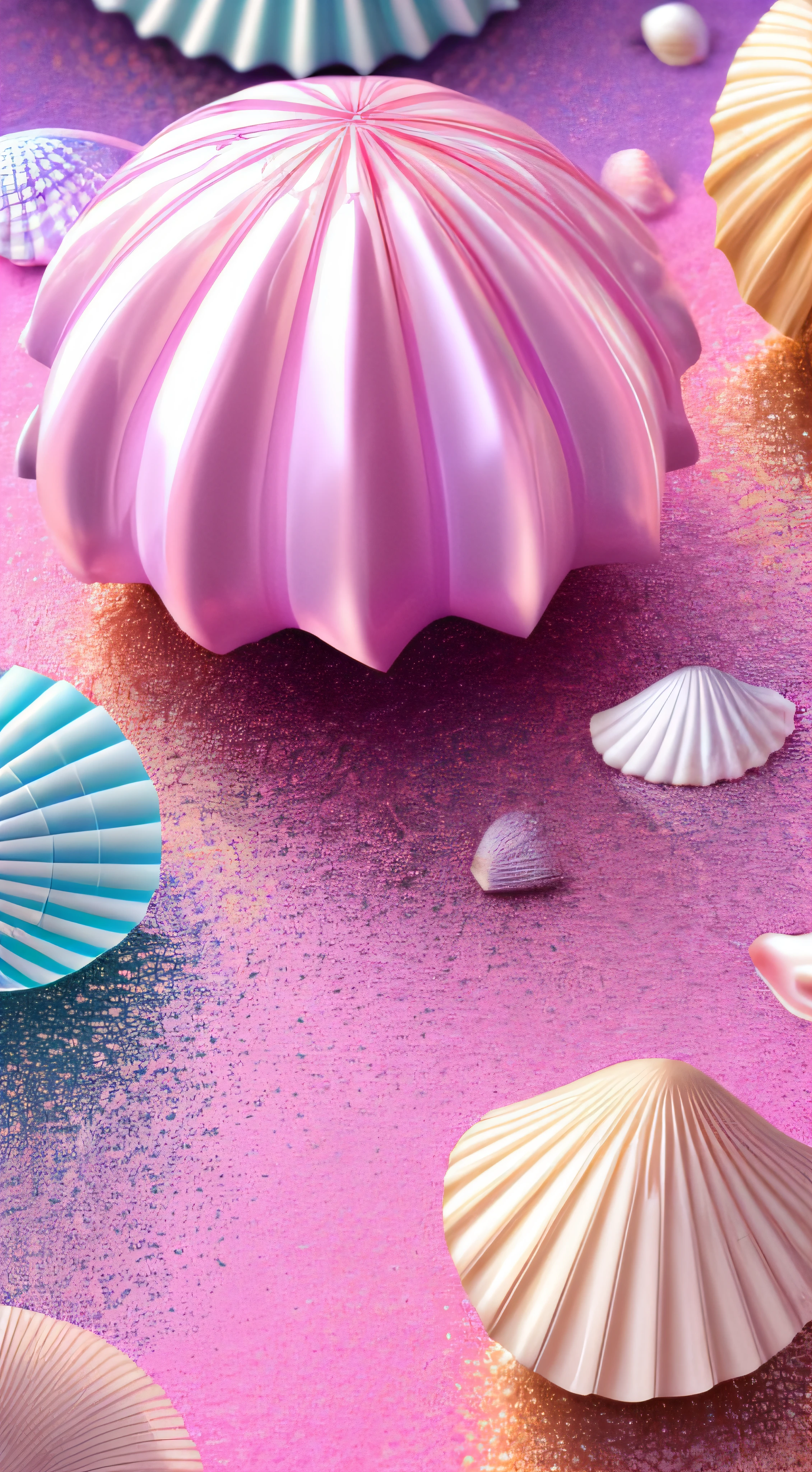 (8k, RAW photo, best quality, masterpiece: 1.2), (realistic, realistic: 1.37) There are many pink shells on the beach, there is water, pearl, pearl and shell, soft spill, pearlization, pink jellyfish everywhere, soft 3D rendering, ethereal bubbles, bubble landscape, Iray shader, soft pink, pink reflection, pearl sky, shells, paradise pink, pastel colors, pink pastels