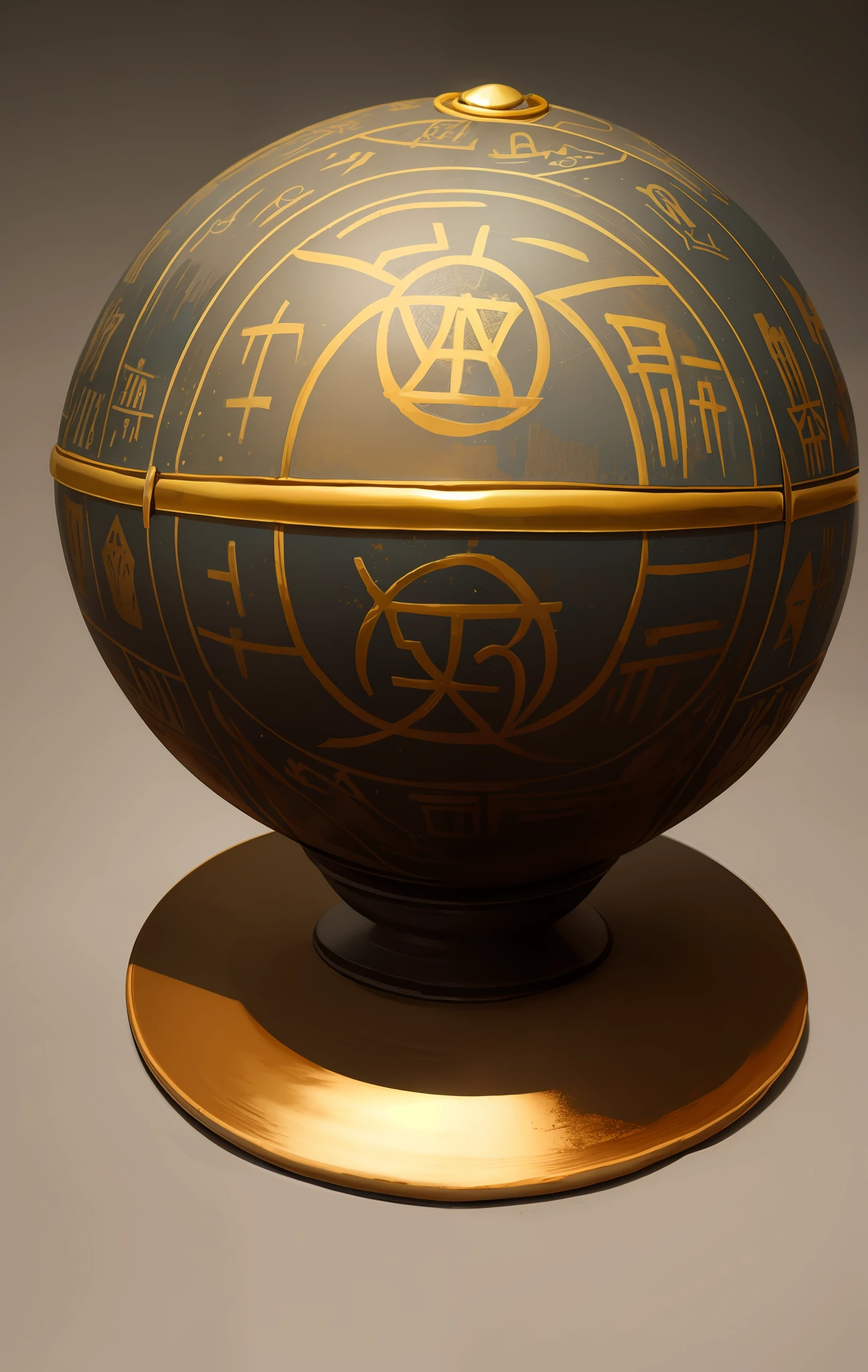 ceramic sphere with Sumerian symbols, com linhas douradas, objeto antigo