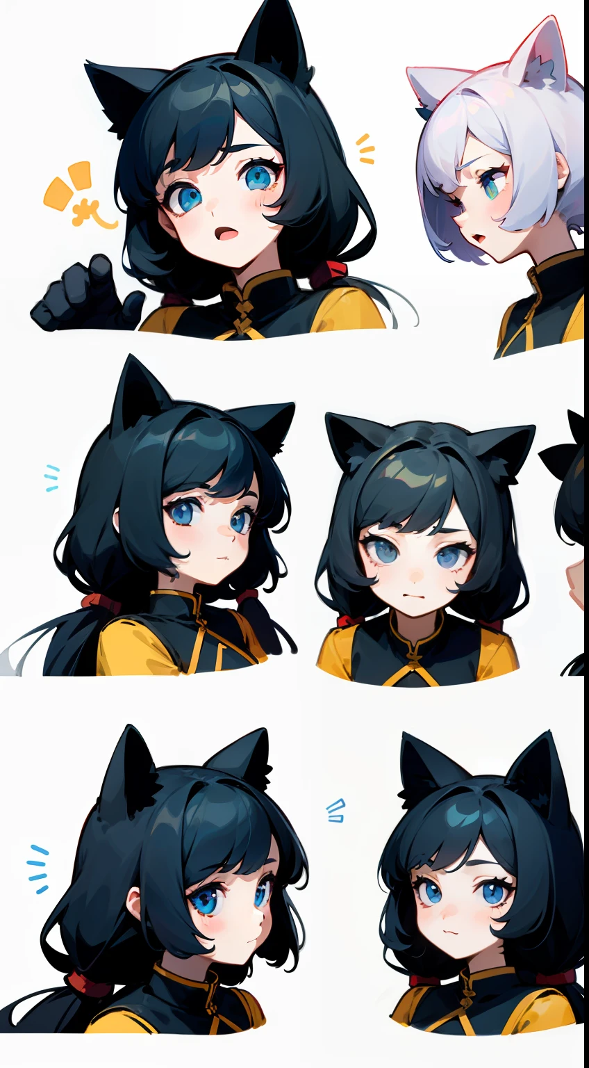 cute girls、Emoticon pack、9 emojis、emoji sheet、Multiple poses and expressions、anthropomorphic style、Black strokes、different emotions、Multiple Poses and Expression、cat ear、ponie tail、white backdrop