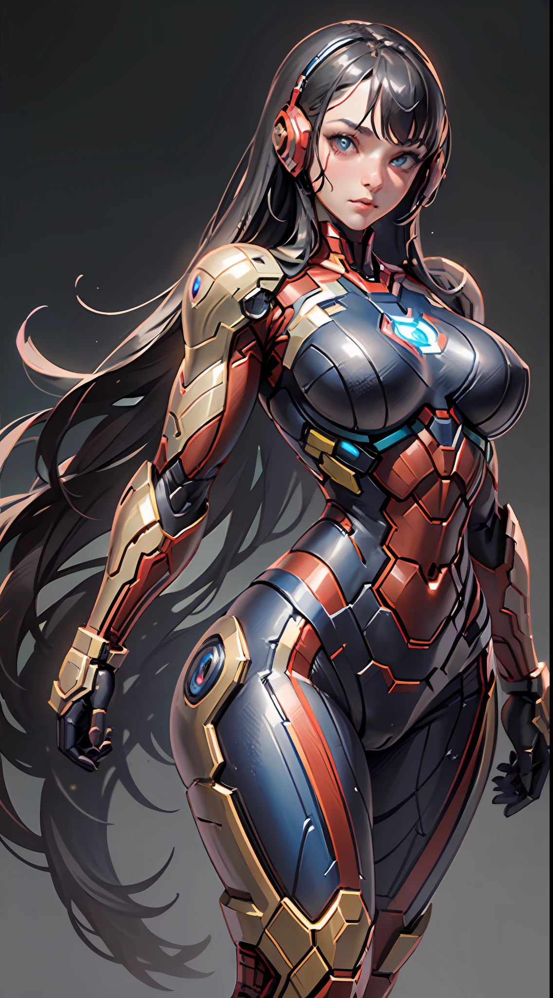 girl dressed as Knight Iron Man from Marvel, big breasts, frontal, full-length, looking at the camera, facing the audience, standing pose, simple background, three-dimensional light, detailed full-body concept, sleek digital concept art, beautiful full-body concept art, art trend, full-length CGsociety,