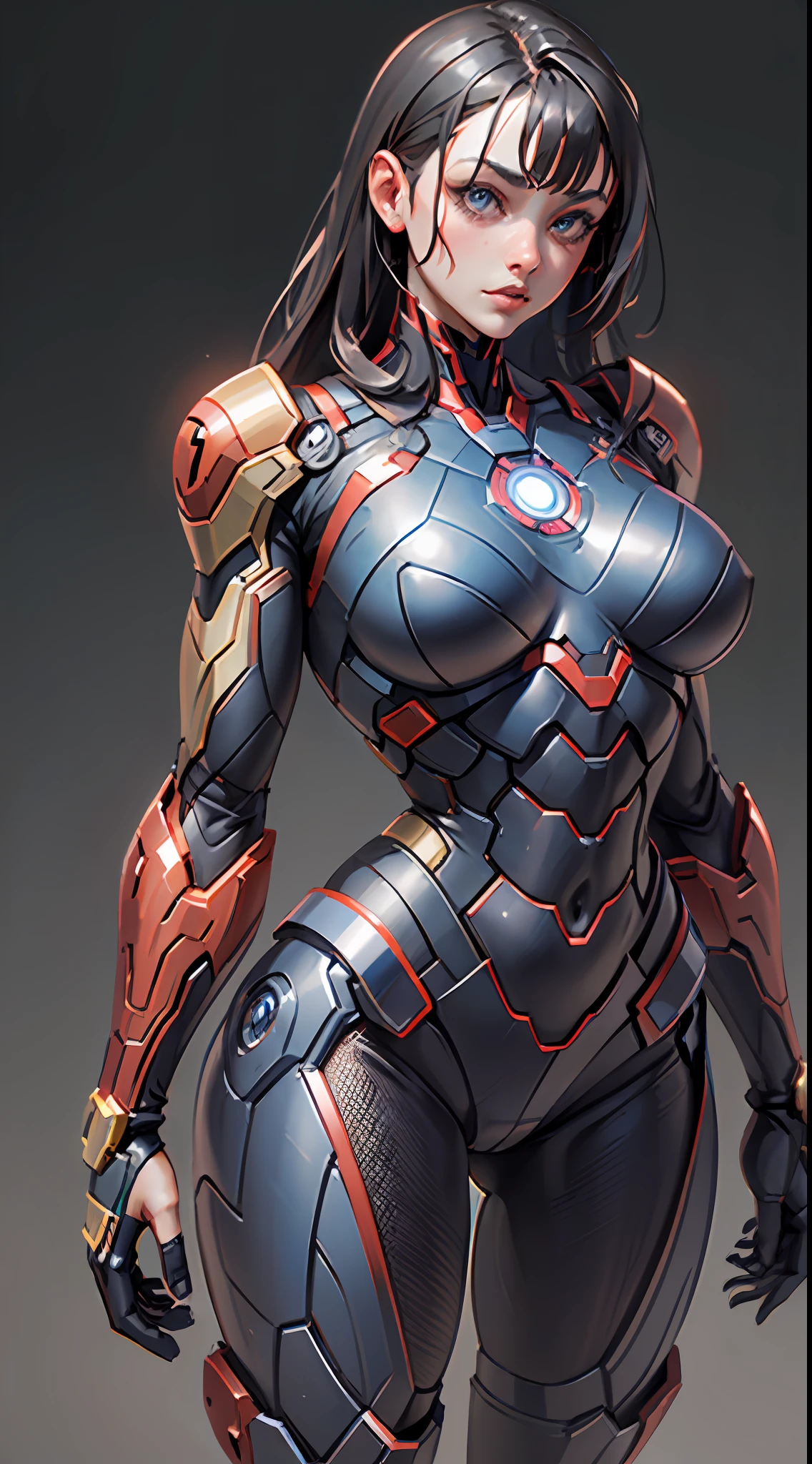 girl dressed as Knight Iron Man from Marvel, big breasts, frontal, full-length, looking at the camera, facing the audience, standing pose, simple background, three-dimensional light, detailed full-body concept, sleek digital concept art, beautiful full-body concept art, art trend, full-length CGsociety,