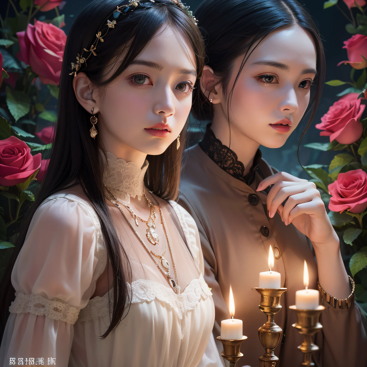 (A masterpice、HighestQuality、HighestQuality、Official art、Beautifully Aesthetic:1.2)、Countless candlelights,(1girls)&Rosa、Extreme details、(Fractal Art:1.3)、colorfully、the highest detail、Full shot of the enchanting Amish、